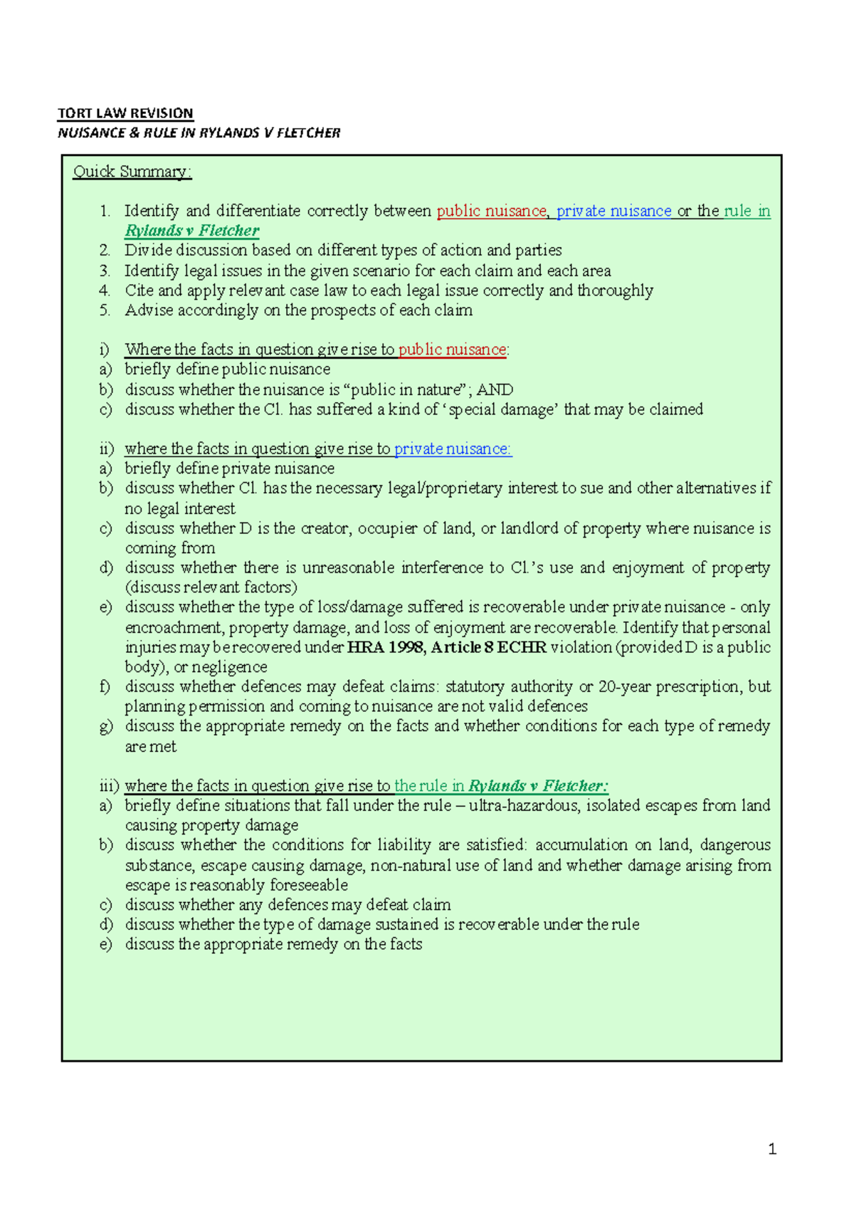 Private, Public Nuisance, R v F - TORT LAW REVISION NUISANCE & RULE IN ...
