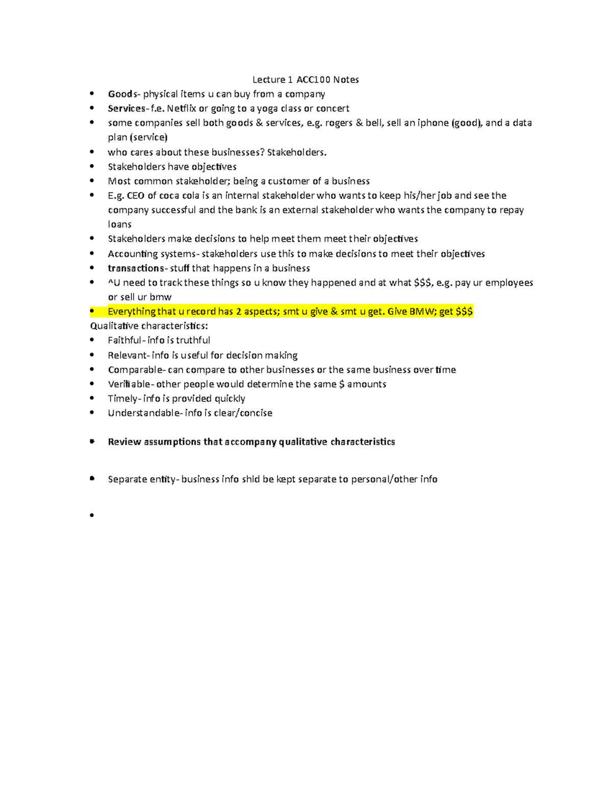 Lecture 1 ACC100 Notes - Introduction to accounting. Prof: Romi-Lee ...