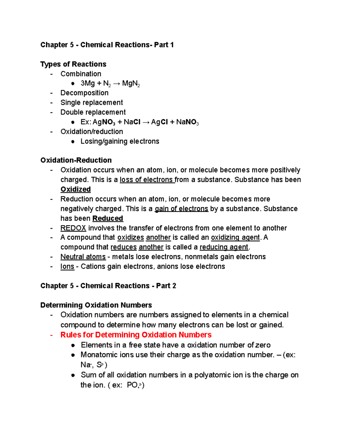 Chemical Reactions and Oxidation Numbers - Studocu