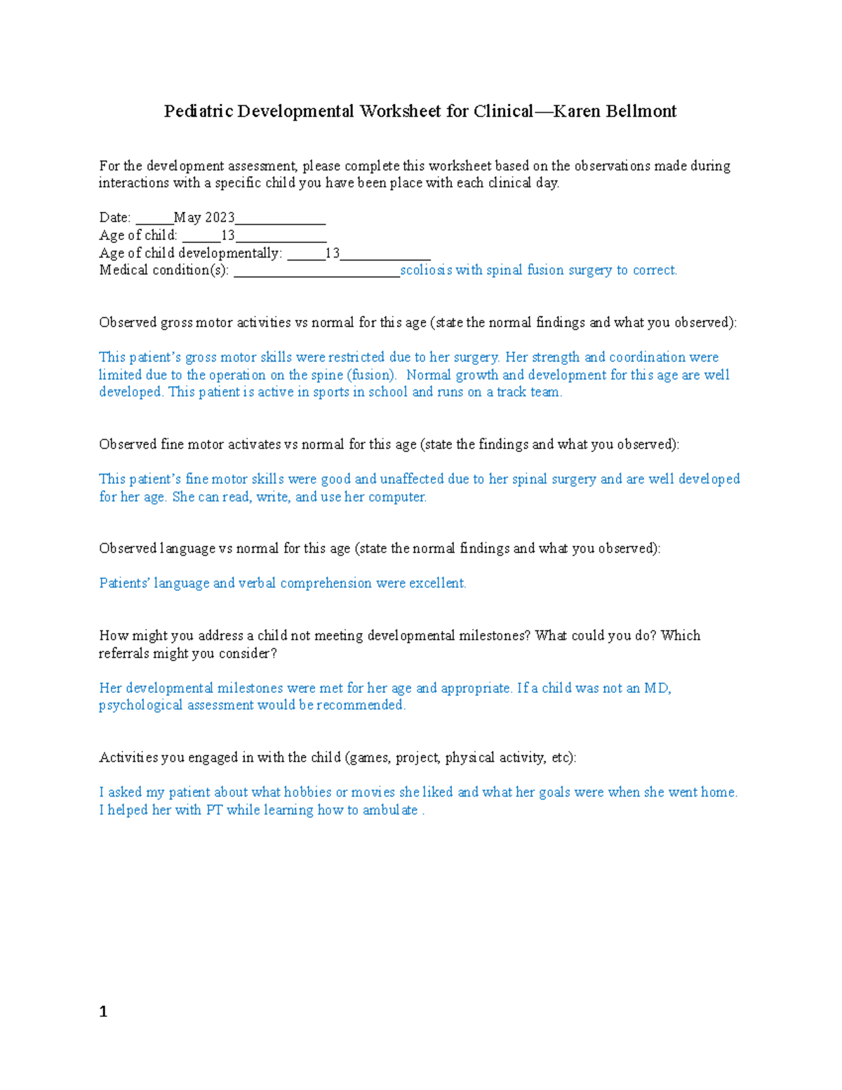 Pediatric Developmental Worksheet for clinical - NUR242 - Studocu
