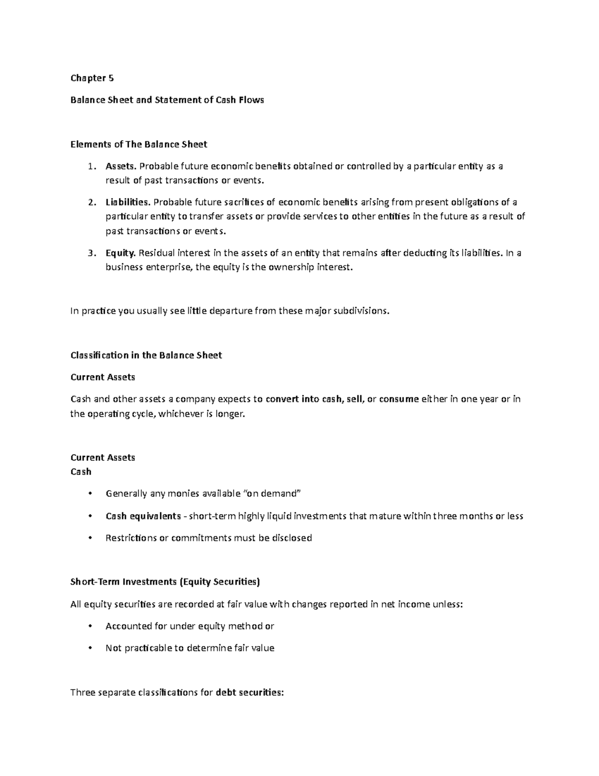 Chapter 5 Lecture Notes 2 - Chapter 5 Balance Sheet and Statement of ...