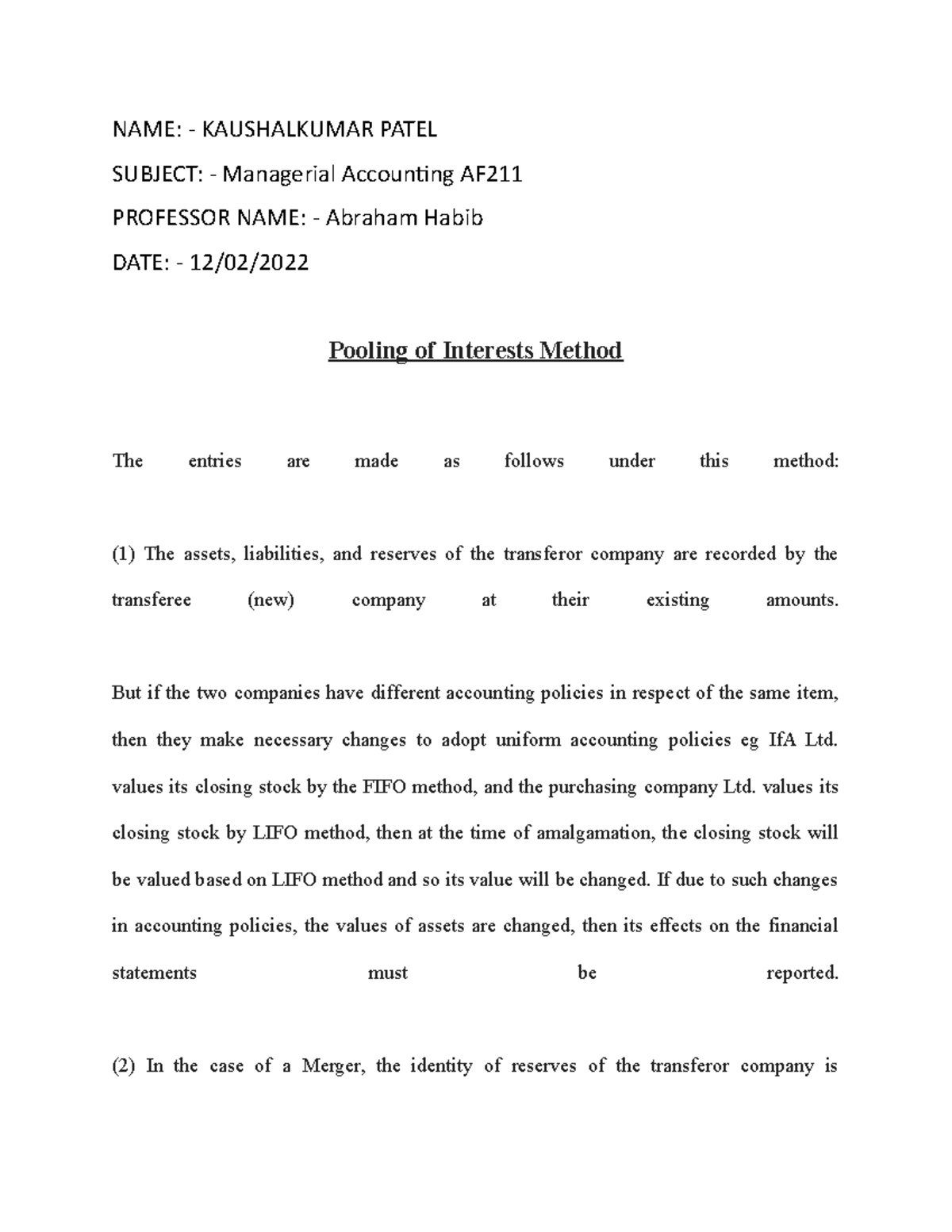 Pooling of Interests Method - NAME: - KAUSHALKUMAR PATEL SUBJECT ...