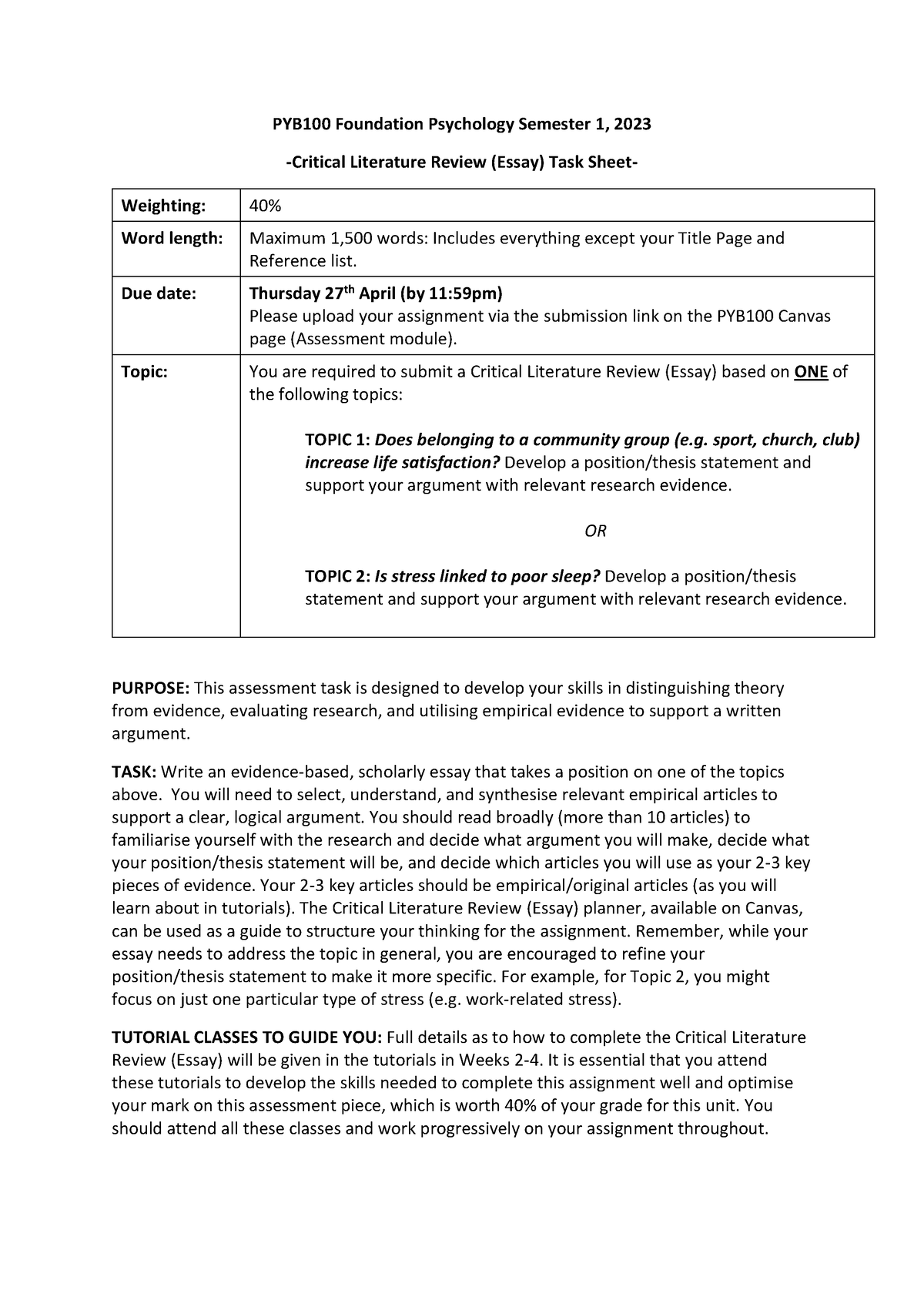 PYB100 Critical Literature Review (Essay) Task Sheet 2023 - PYB100 ...