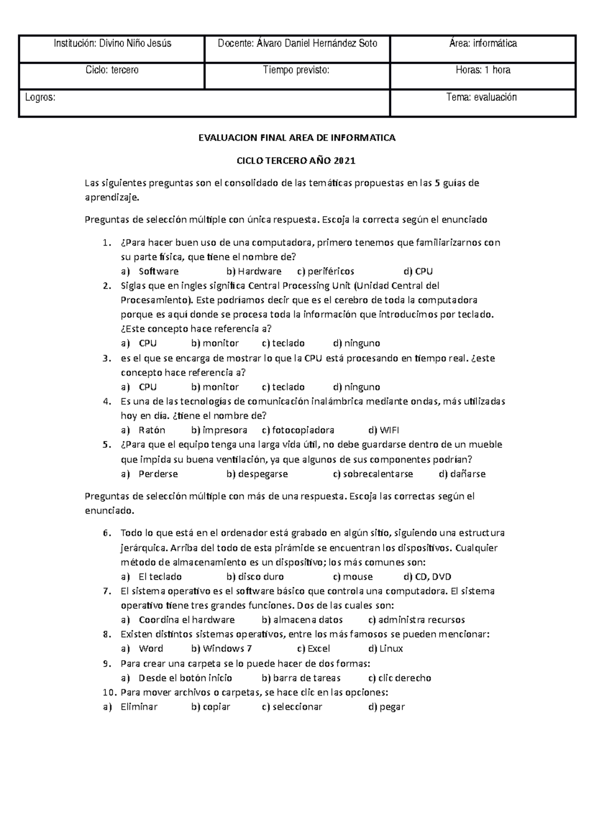 Guias Informatica Ciclo Tercero Institución Divino Niño Jesús