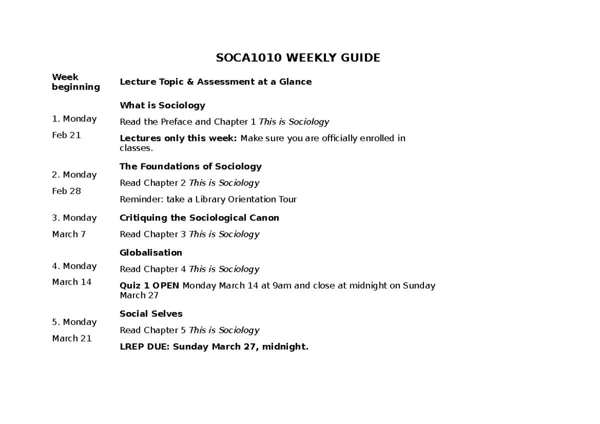 SOCA1010 - Weekly Schedule for 2022 - SOCA1010 WEEKLY GUIDE Week