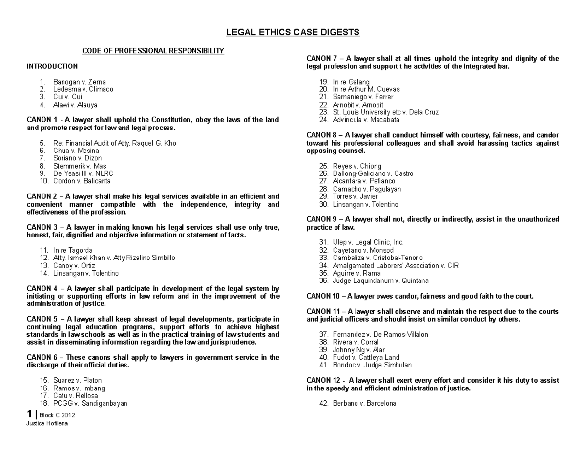 Case Digest CODE OF PROFESSIONAL RESPONSIBILITY INTRODUCTION Banogan