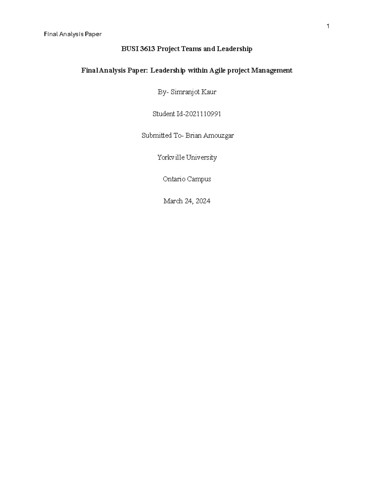Agile project management 1 - Final Analysis Paper BUSI 3613 Project ...