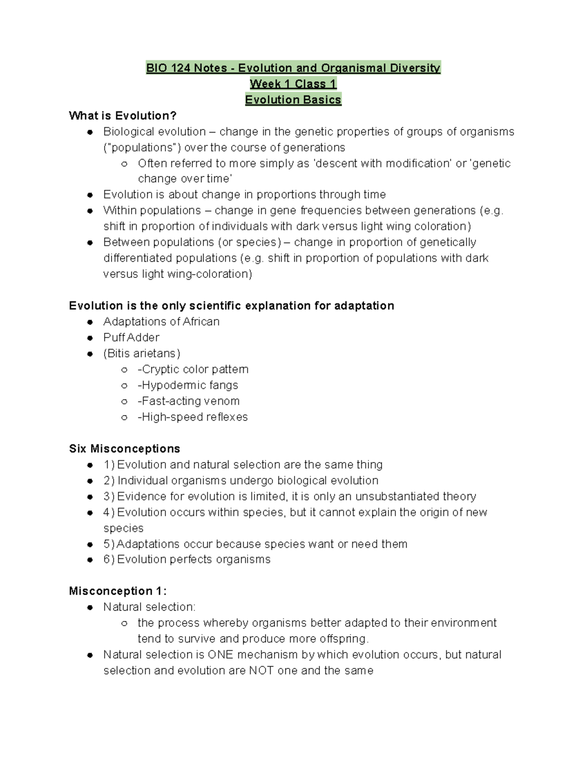 BIO 124 Week 1 Class 1 Notes - BIO 124 Notes - Evolution and Organismal ...