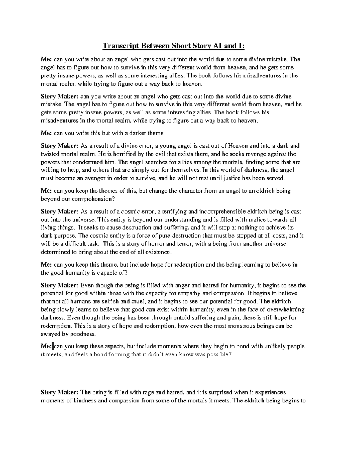 Short Story Writing Transcript Between Short Story AI and I Me can you write about an angel