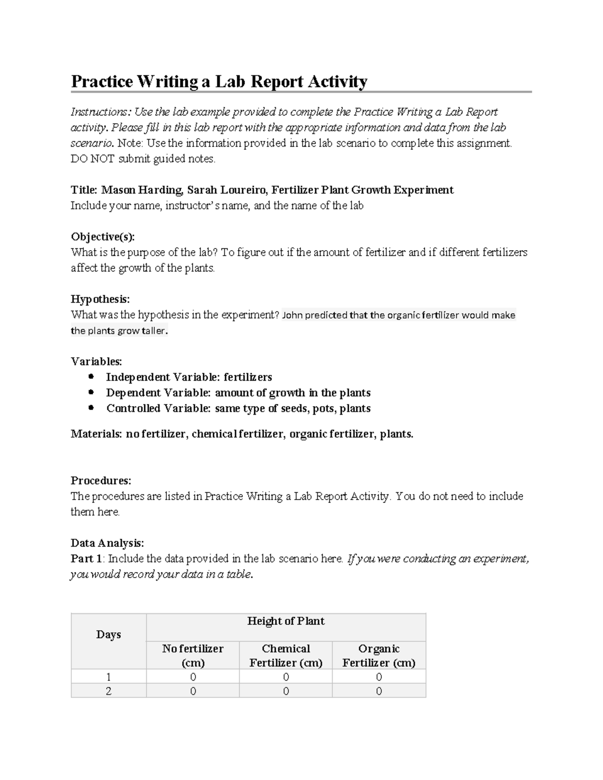 Practice Writing a Lab Report Activity - Please fill in this lab report ...