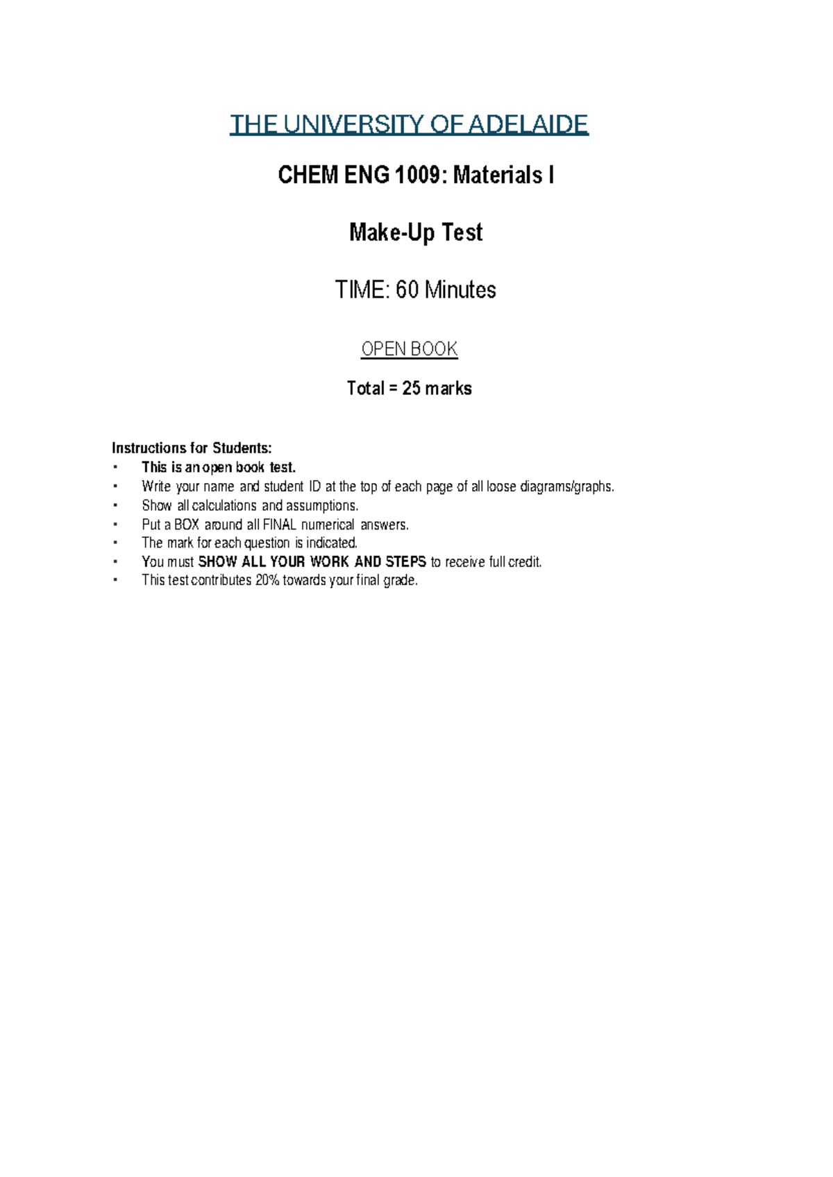 CE1009 Make-Up test (Monday) [2024] - THE UNIVERSITY OF ADELAIDE CHEM ...