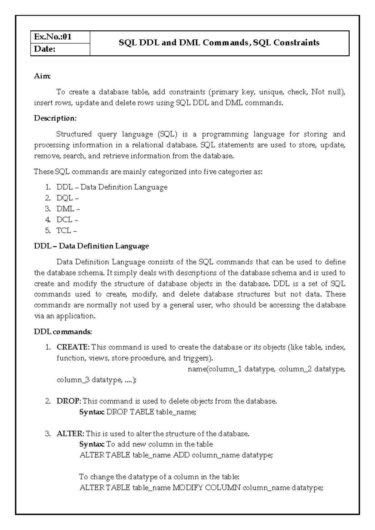 DBMS lab manual-1 - Database Management System - Ex.: SQL DDL and DML ...