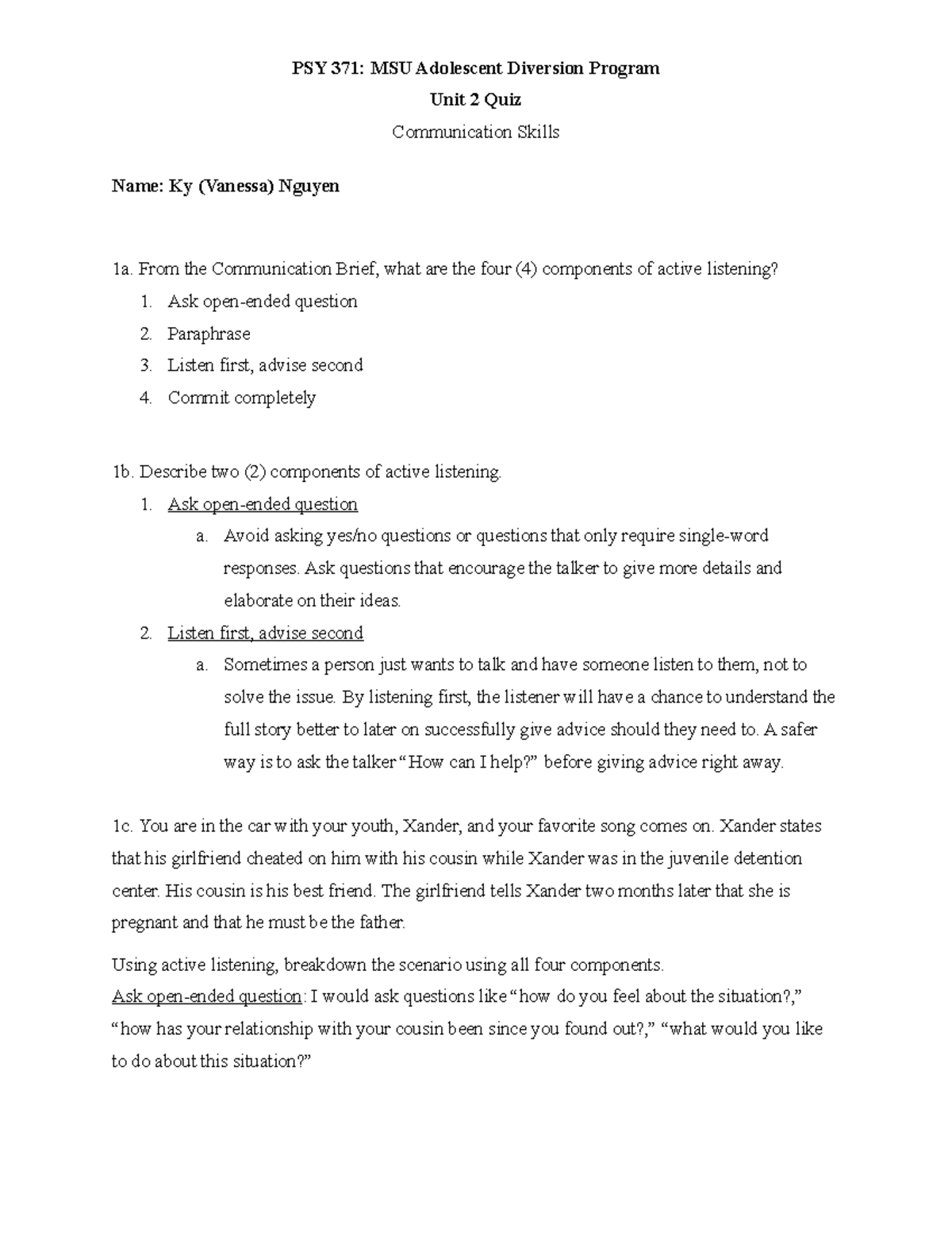 Unit 2 Quiz Adolescent Diversion Program Communication Skills Unit
