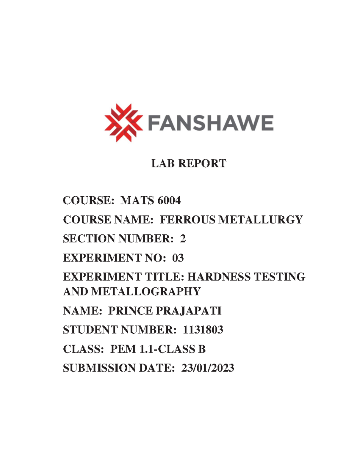 MATS Experiment 3 Hardness testing LAB REPORT COURSE MATS 6004