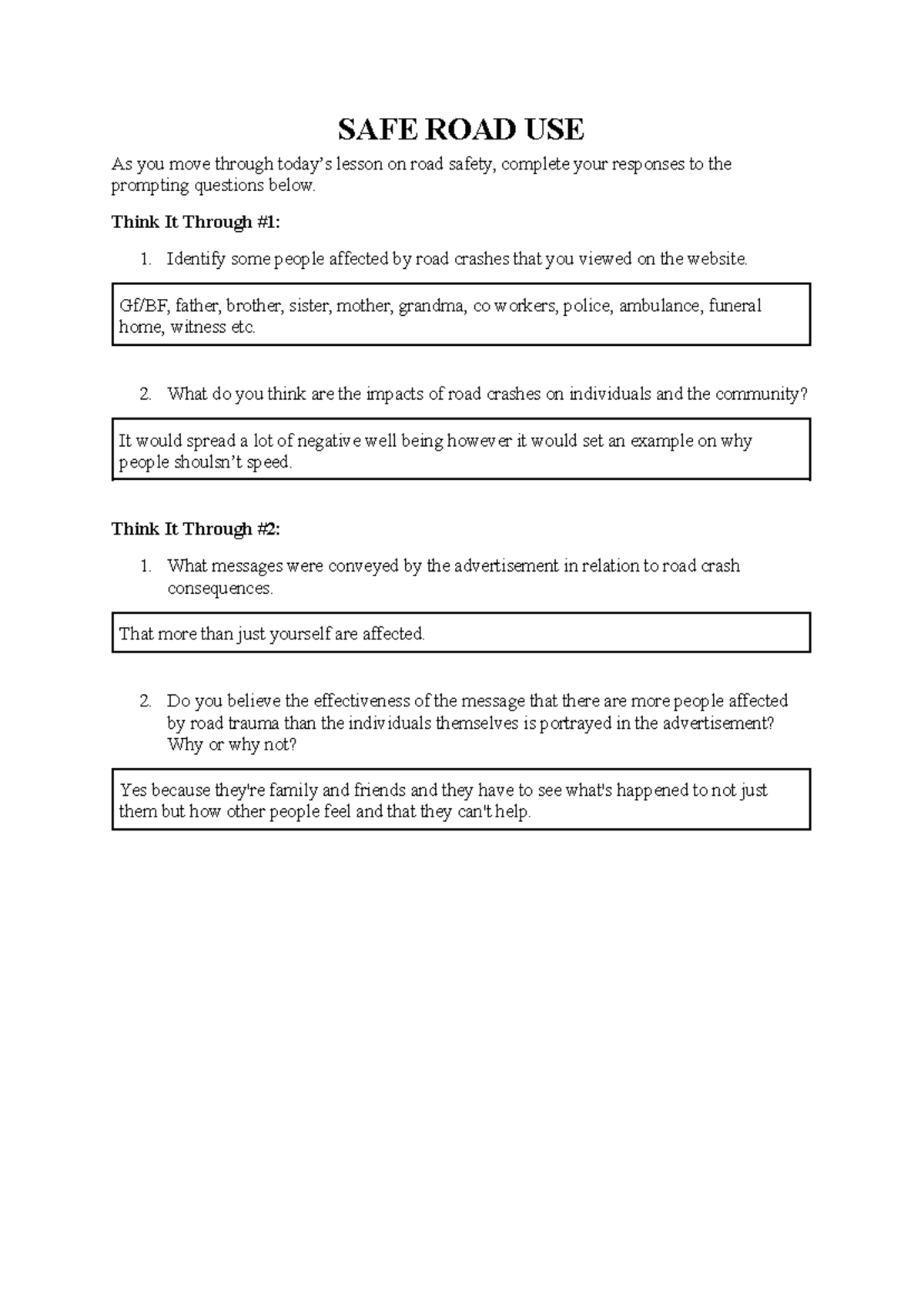 Mikayla Paris - 1. Safe Road Use - Introduction - Responses - SAFE ROAD ...
