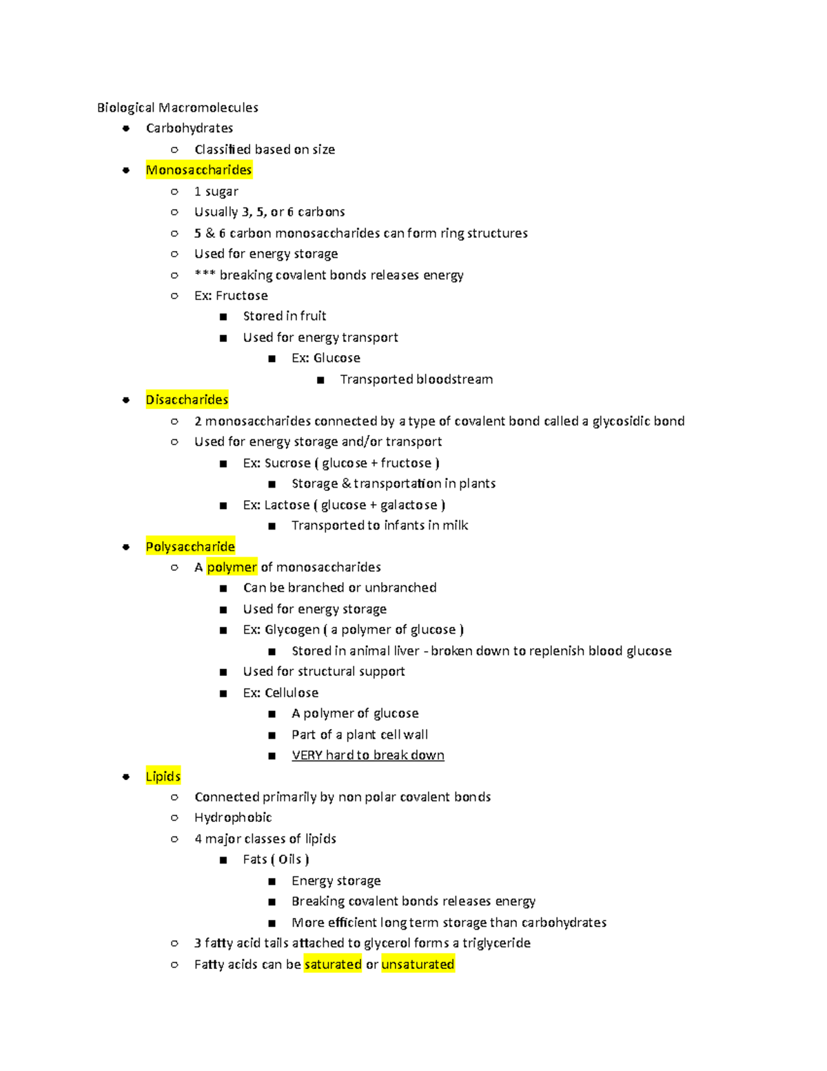 BISC 130 - Chapter 3 Notes - Biological Macromolecules Carbohydrates ...
