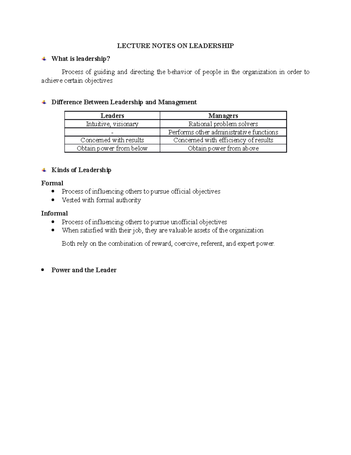 Lecture Notes ON Leadership - LECTURE NOTES ON LEADERSHIP What Is ...