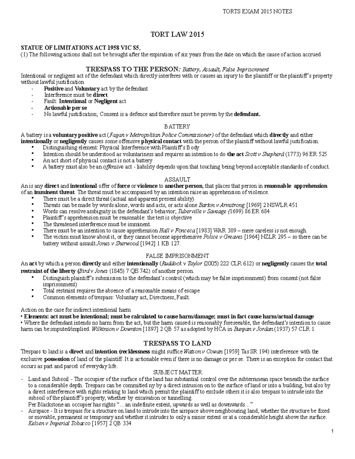 Torts Notes TORT LAW 2015 STATUE OF LIMITATIONS ACT 1958 VIC S5, (1) The following actions