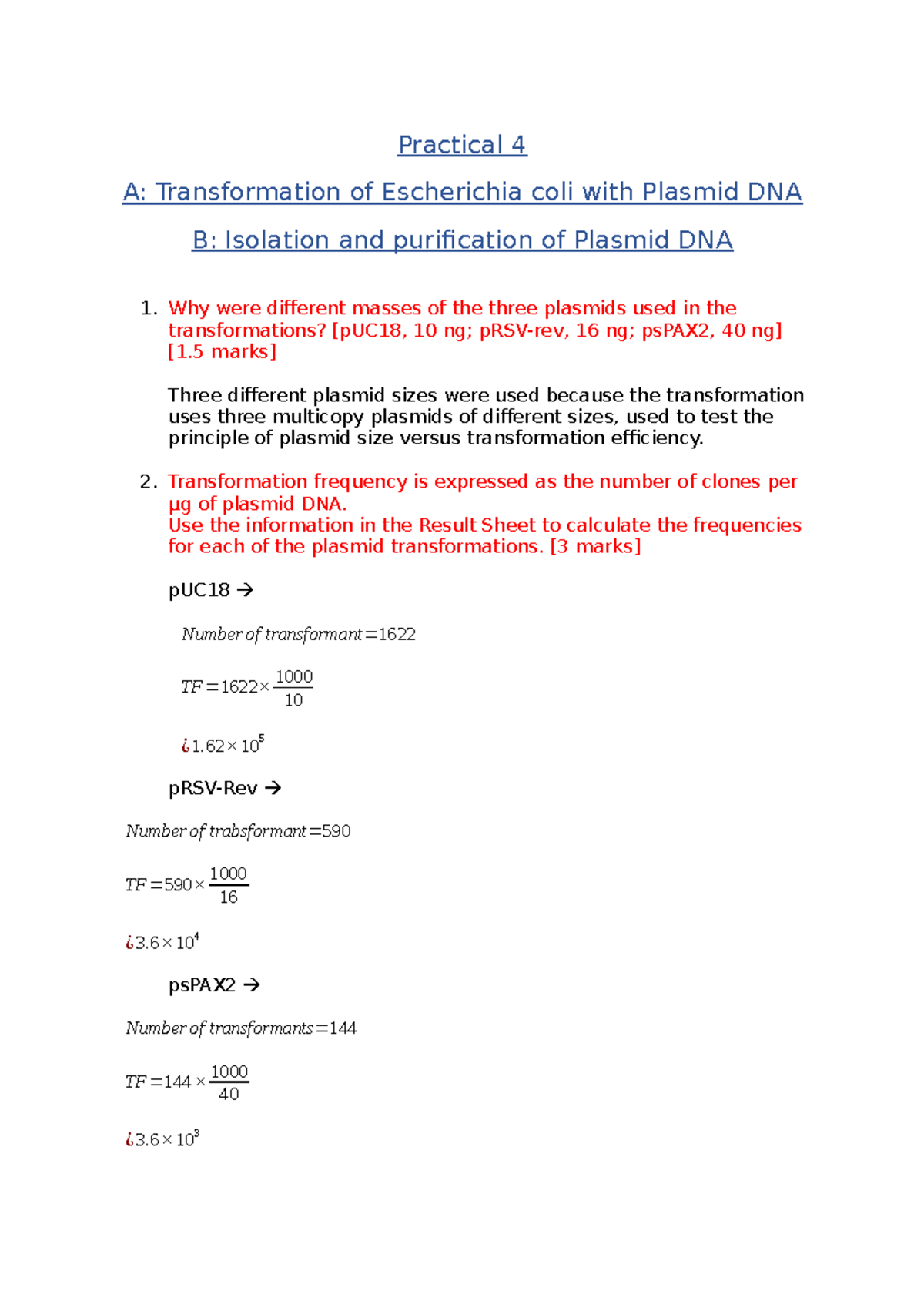 practical 4,5,7 - Practical 4 A: Transformation of Escherichia coli ...