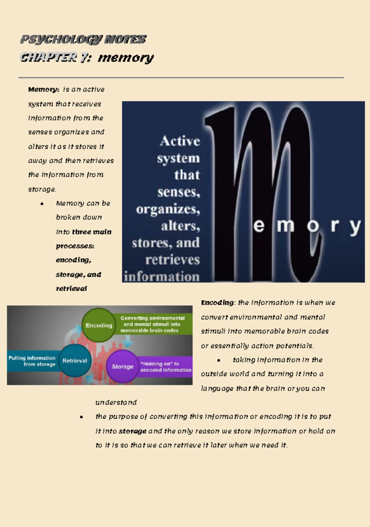 Chapter 7 - PSYCHOLOGY NOTES CHAPTER 7: Memory Memory: Is An Active ...