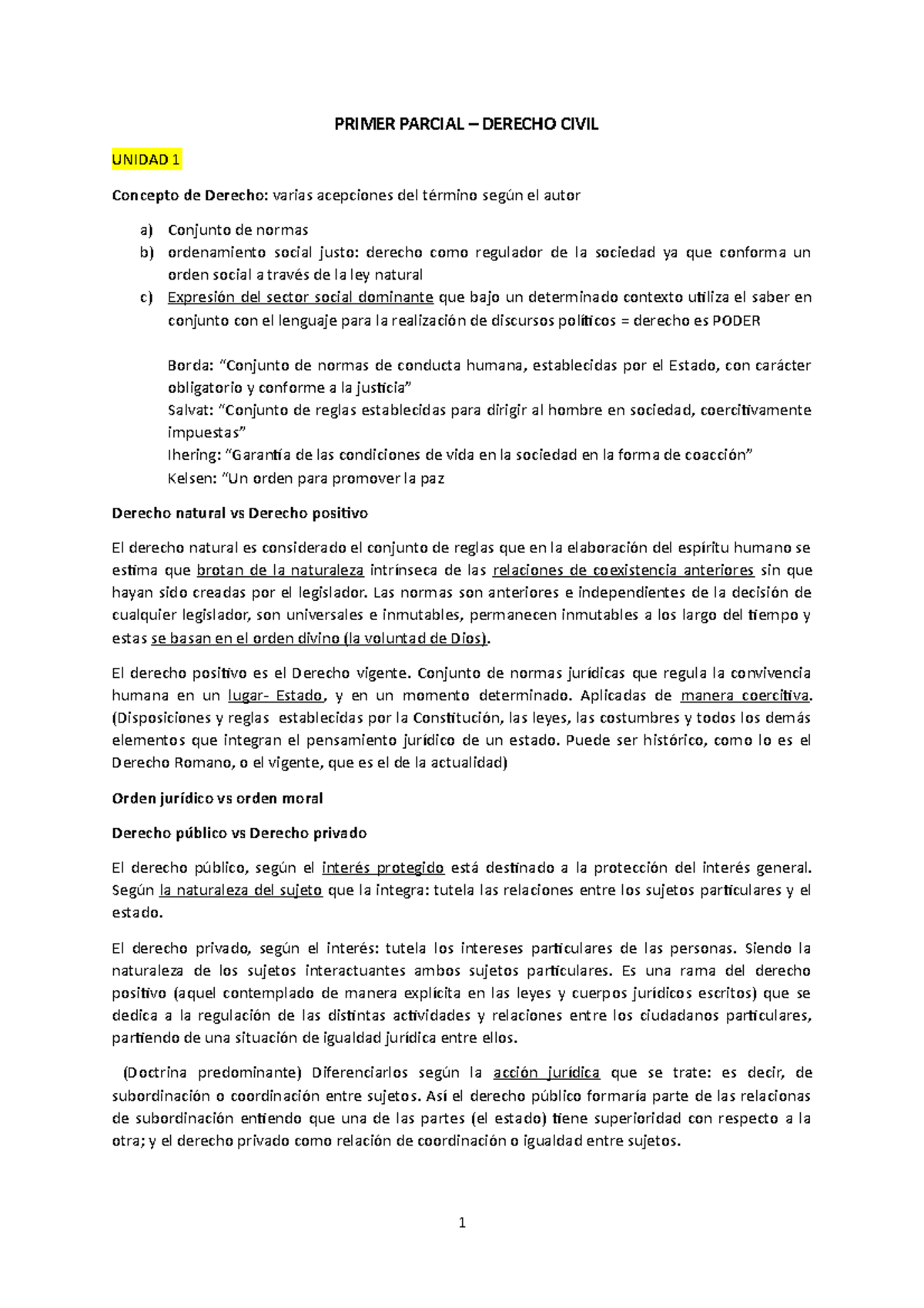 Primer Parcial - PRIMER PARCIAL – DERECHO CIVIL UNIDAD 1 Concepto De ...