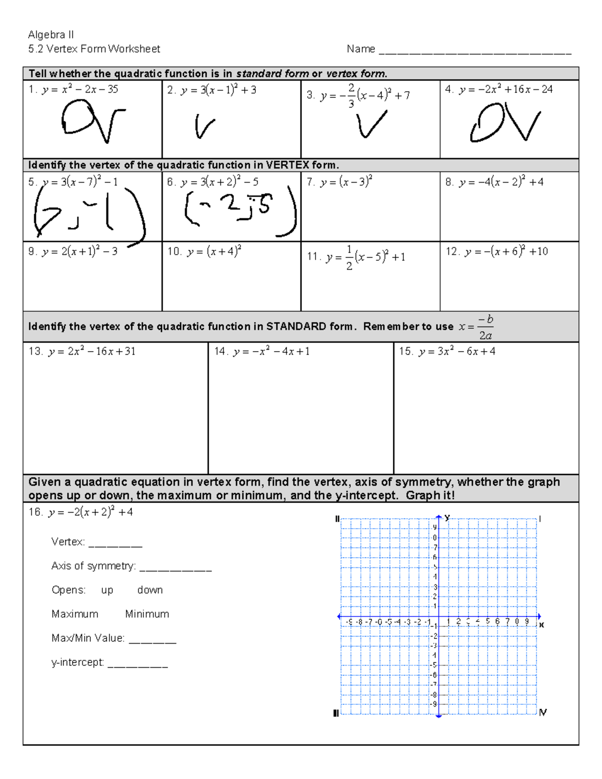 Edited - Trenton Jolly - vertex form worksheet - Algebra II 5 Vertex Form  Worksheet Name - Studocu