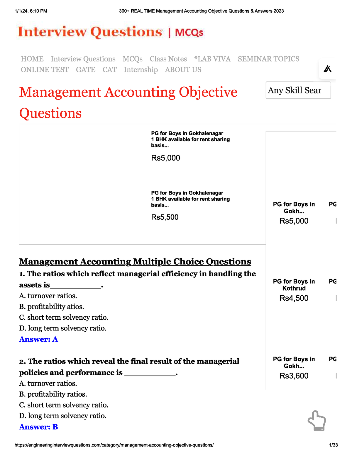 Managerial Accounting MCQ - Master Of Business Admistration - Studocu