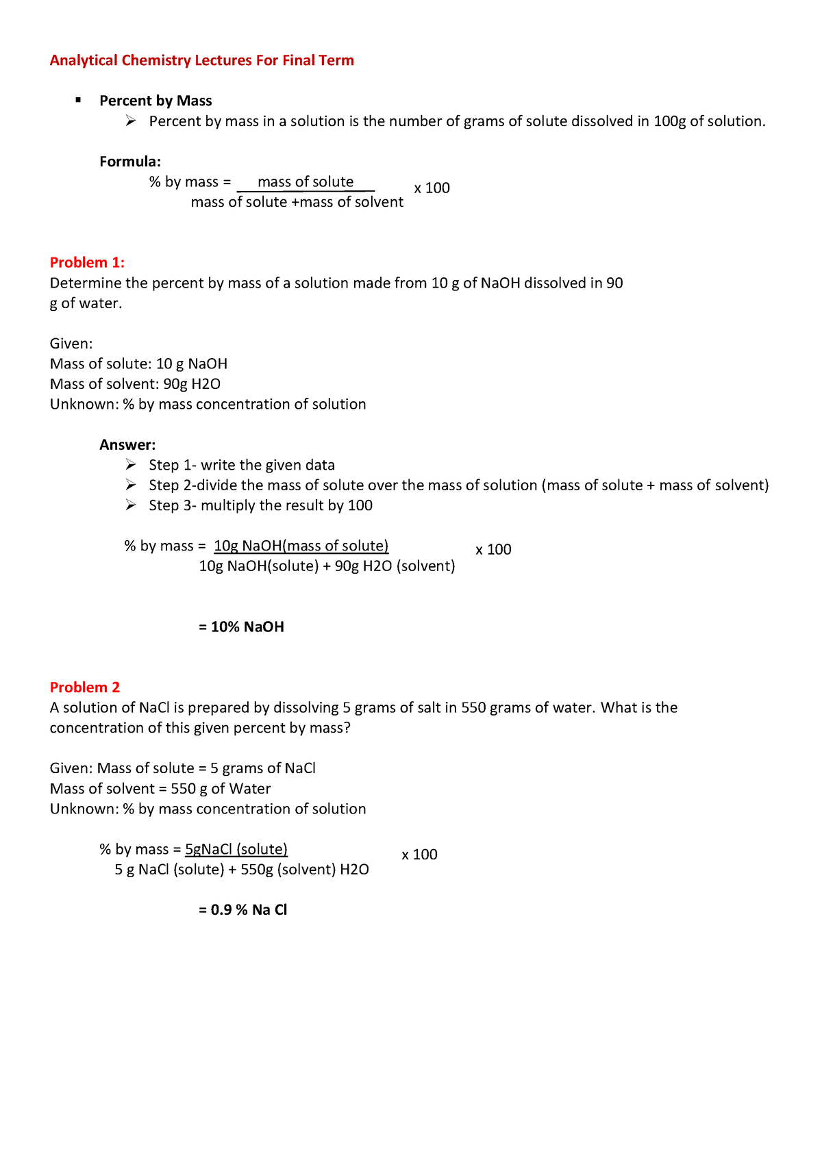 Analytical Chemistry Lectures For Final Term - Formula: % By Mass ...