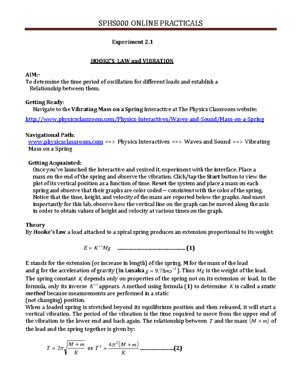 Hooke'S LAW AND Vibration Online - SPHS000 ONLINE PRACTICALS Experiment ...