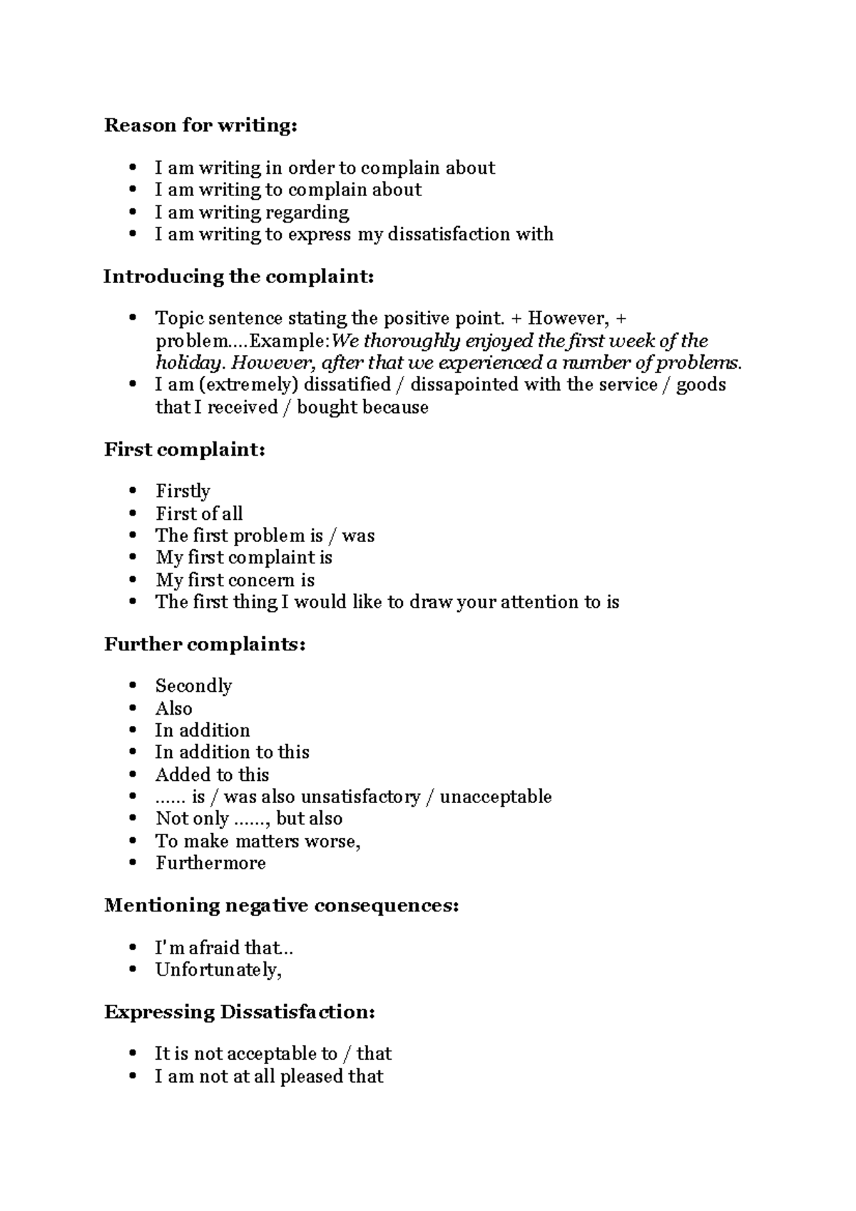 Complanit Letter - english - Reason for writing: I am writing in order ...