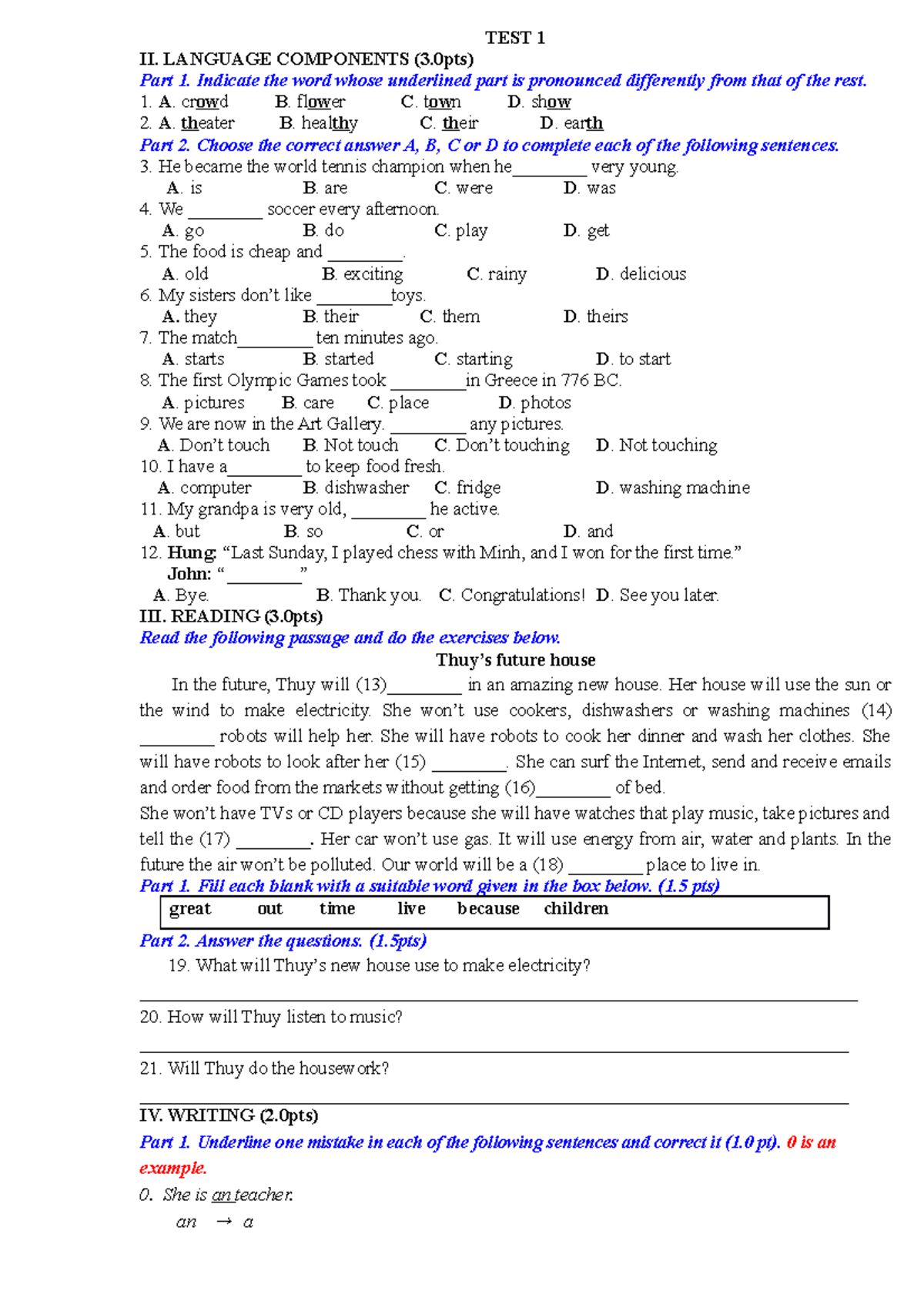 TEST 1 grade 6 - EXERCISES - TEST 1 II. LANGUAGE COMPONENTS (3) Part 1 ...