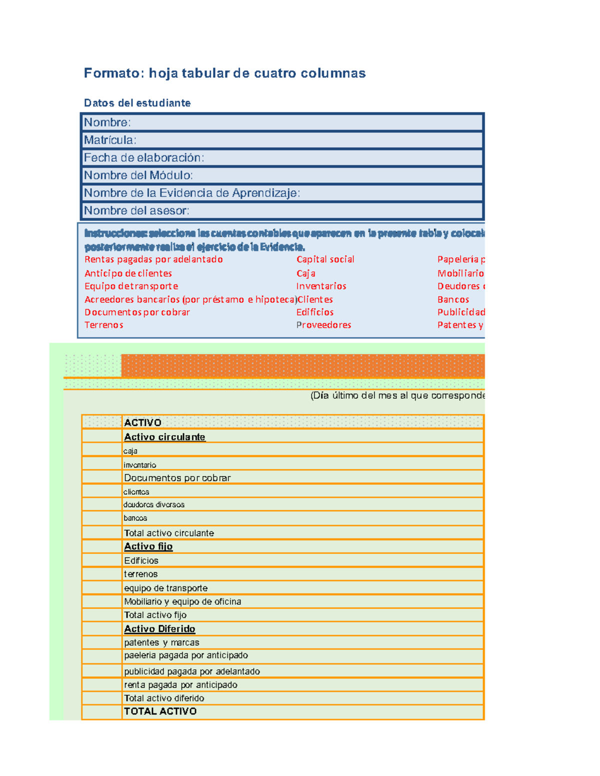 Balance - Formato: hoja tabular de cuatro columnas ACTIVO Activo ...