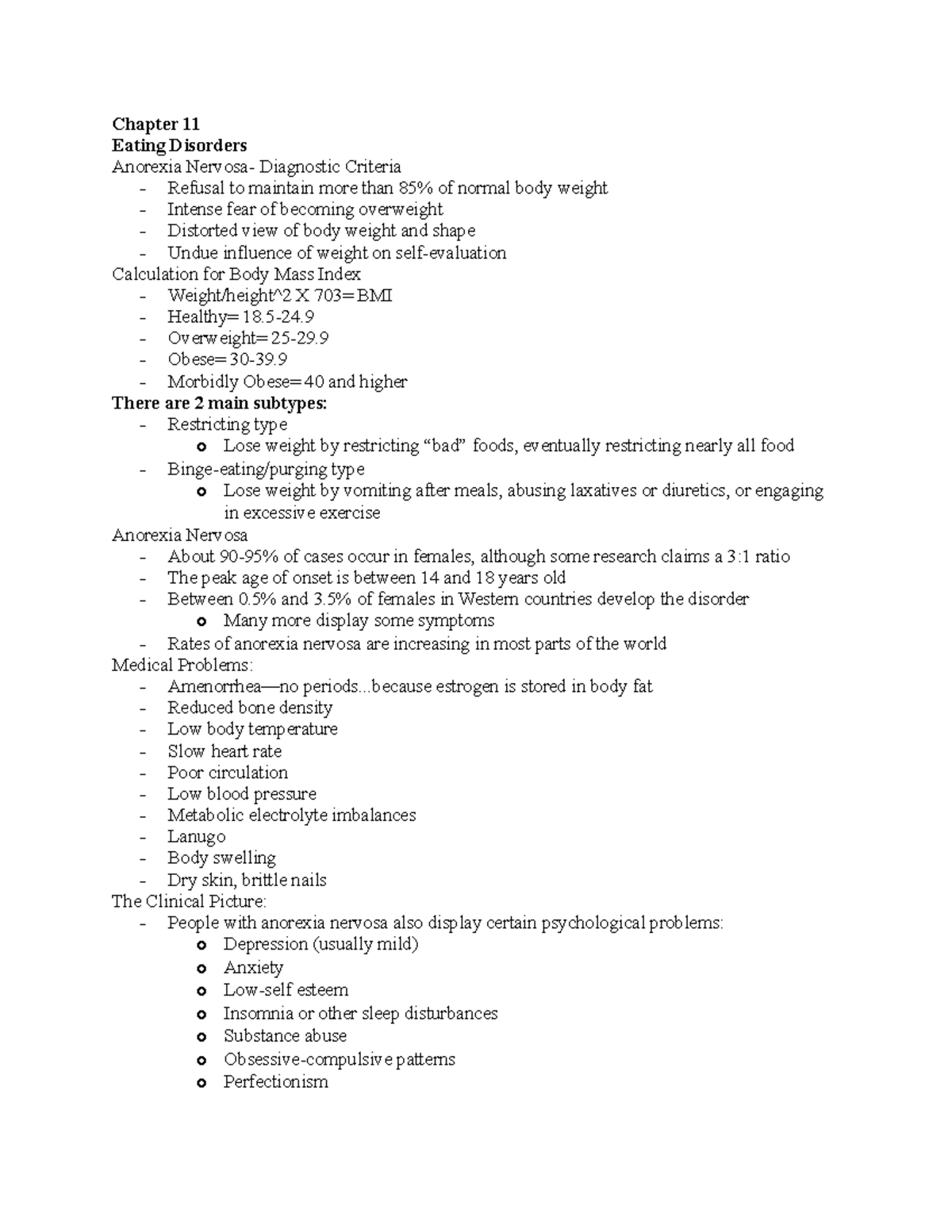 PSY405 Ch11 - Lecture notes chapter 11 - Chapter 11 Eating Disorders ...