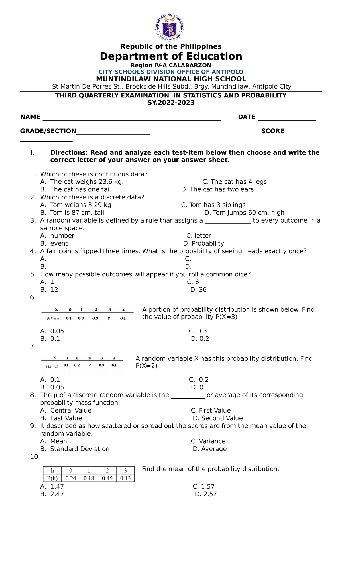 Stat and prob diagnostic test - Republic of the Philippines Department ...