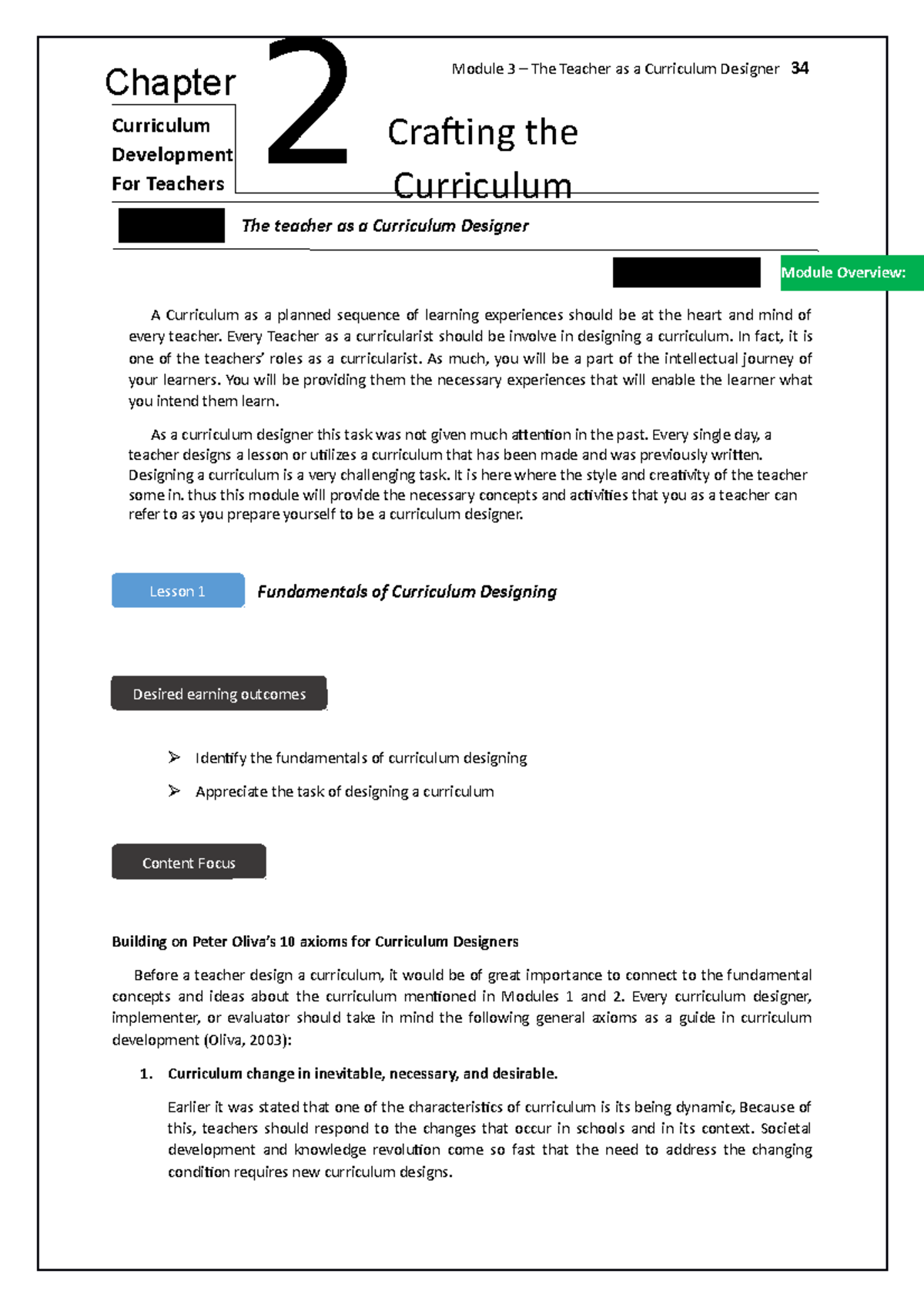 Module 3 Chapter 2 The teacher as a Curriculum Designer Curriculum