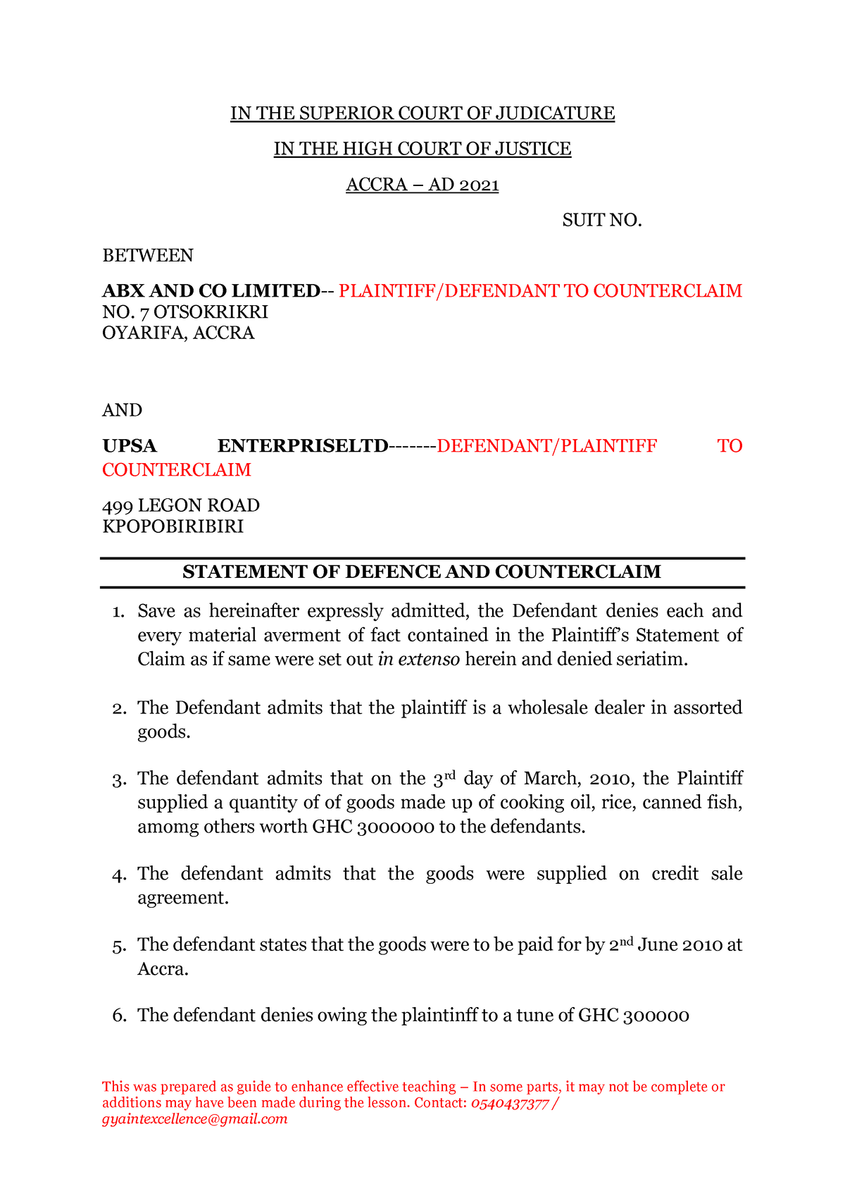 IN THE Superior Court OF Judicature - This Was Prepared As Guide To ...