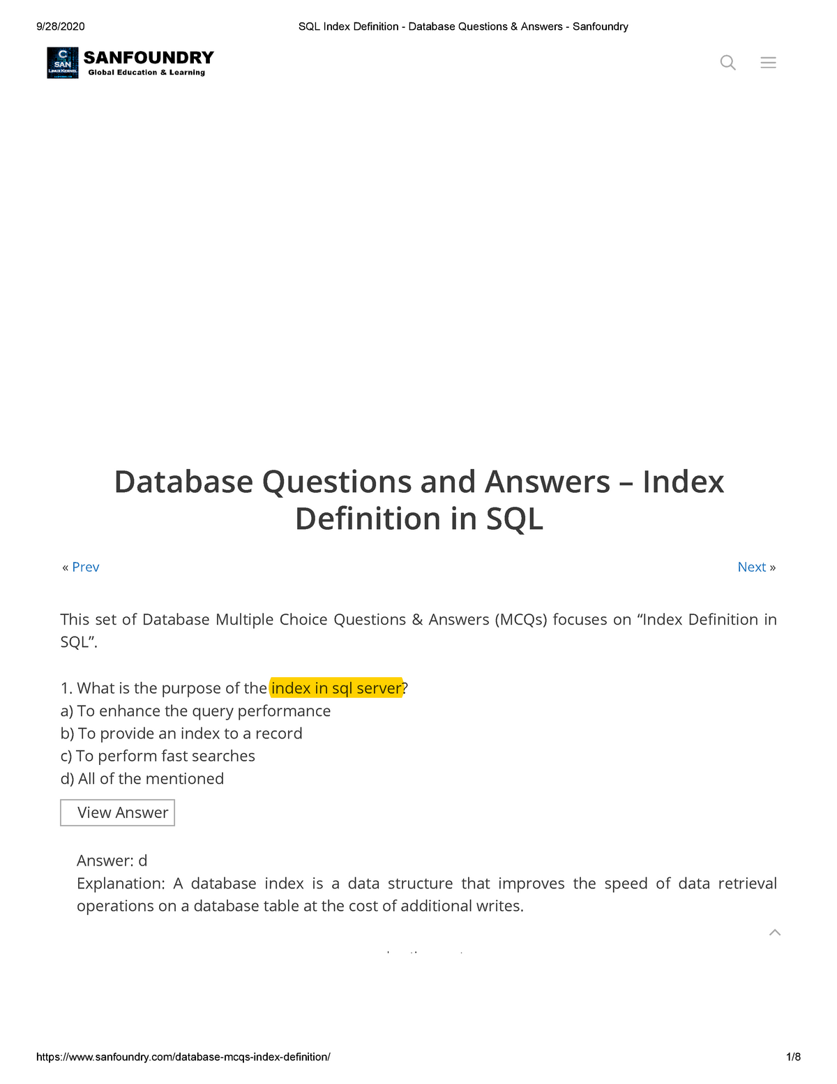 SQL Index Definition - Database Questions & Answers - Sanfoundry ...