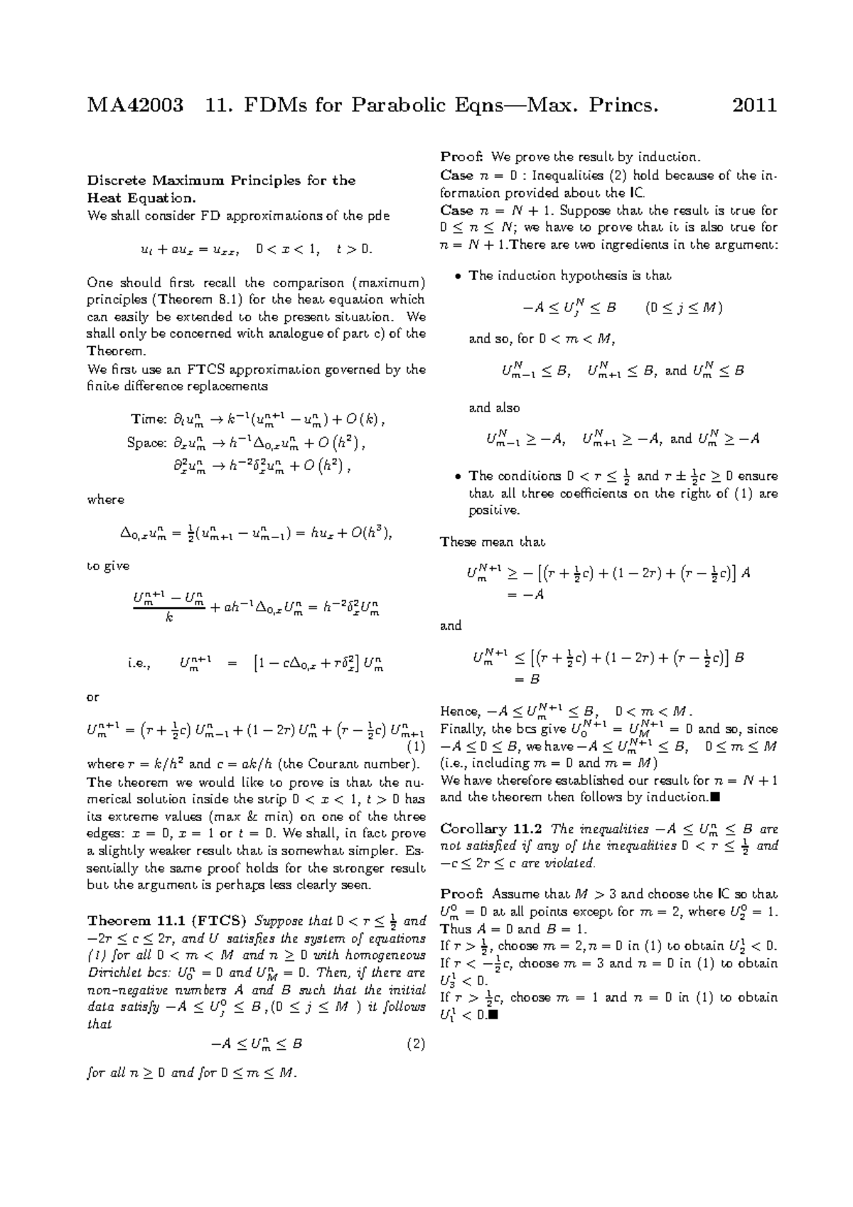 Chapter 11 - FDMs for Parabolic Eqns - Max. Princs - MA42003 11. FDMs ...
