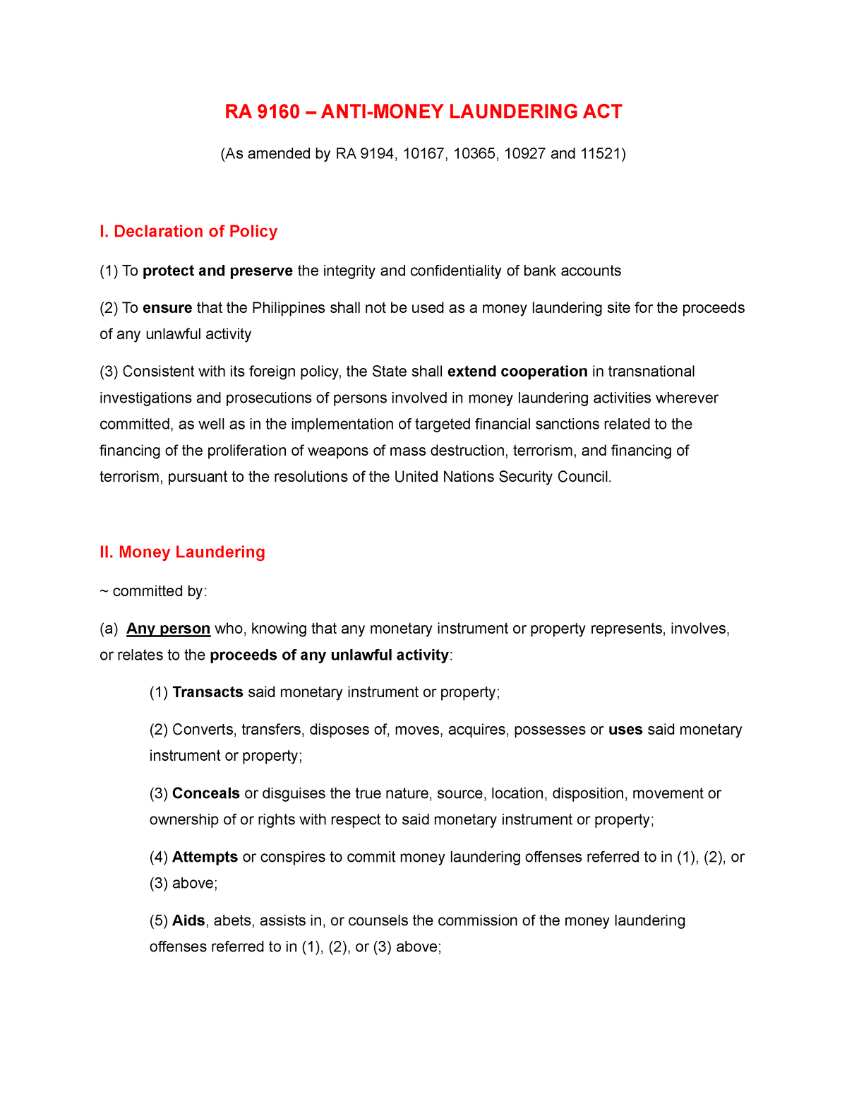 RA 9160 - AMLA Notes - RA 9160 – ANTI-MONEY LAUNDERING ACT (As Amended ...