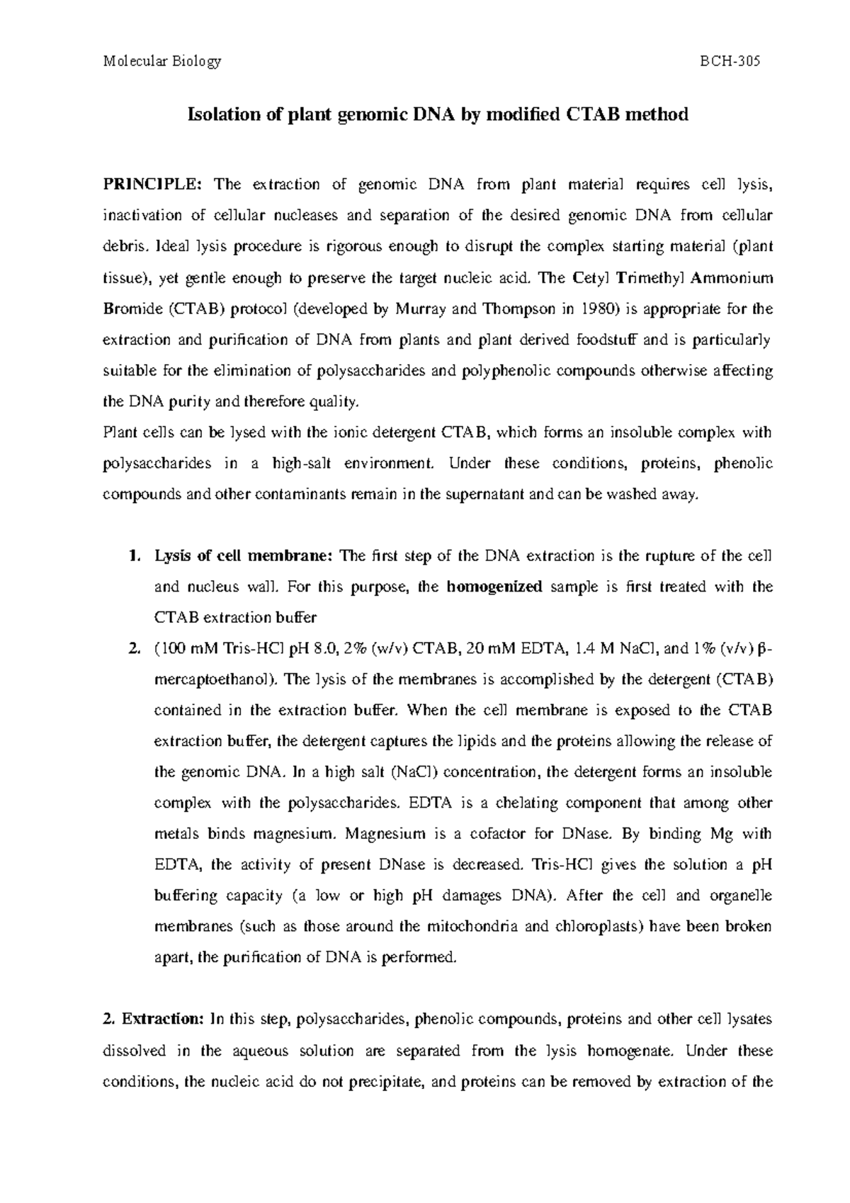 CTAB Method DNA extraction Molecular Biology BCH Isolation of plant