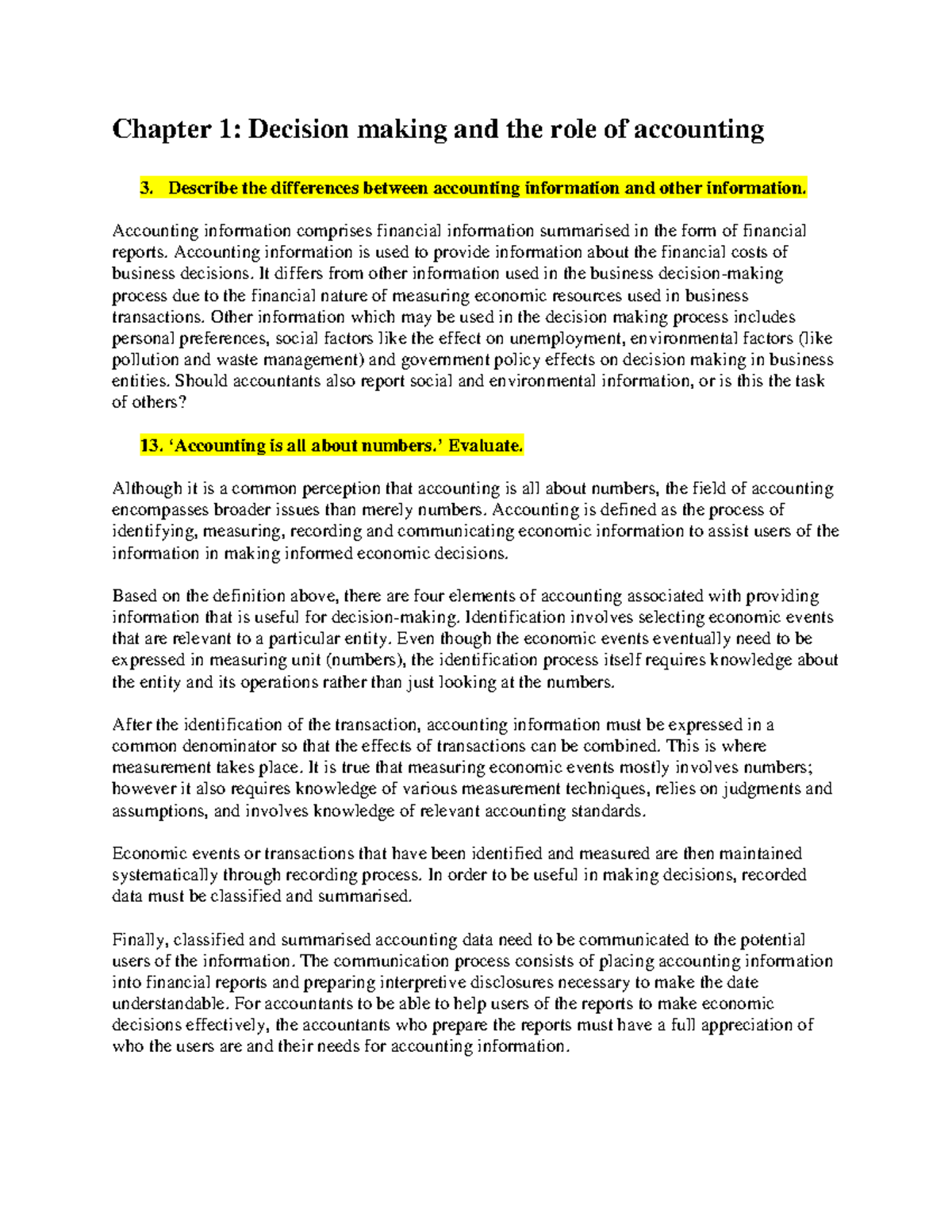 Tut 1 solution - acccy111 tute - Chapter 1: Decision making and the ...