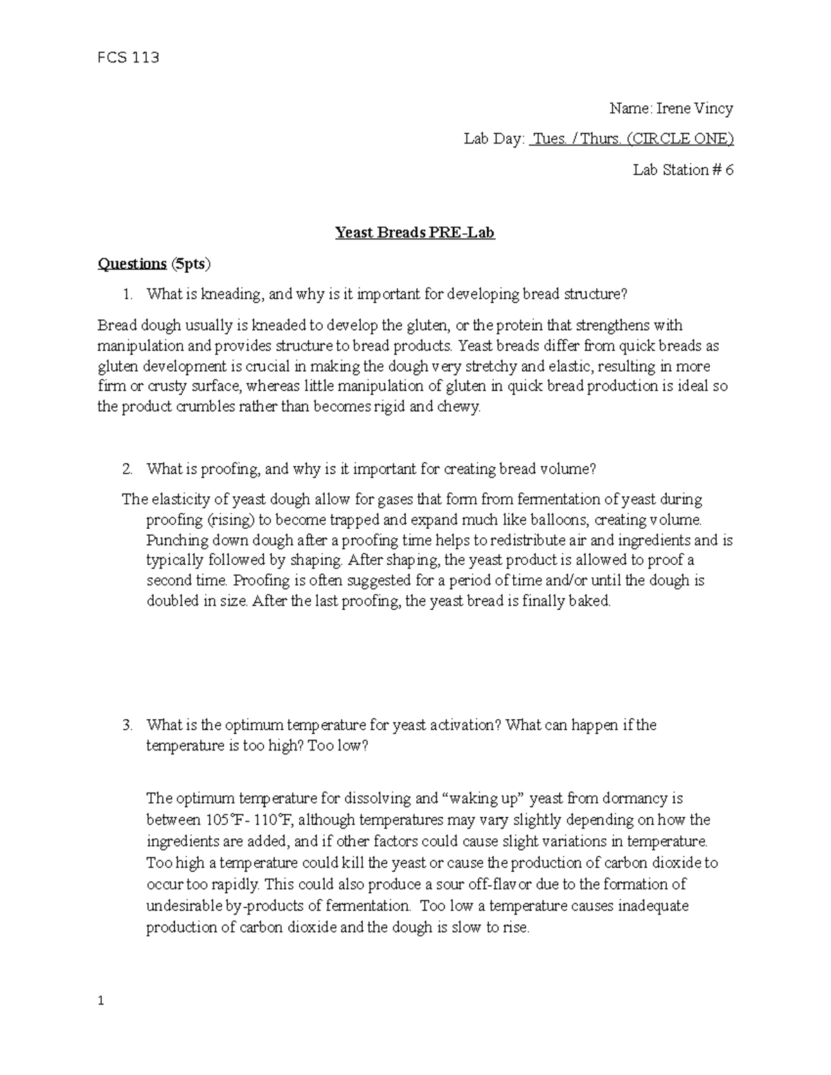 Yeast Breads Lab packet fcs 113 Name Irene Vincy Lab Day Tues