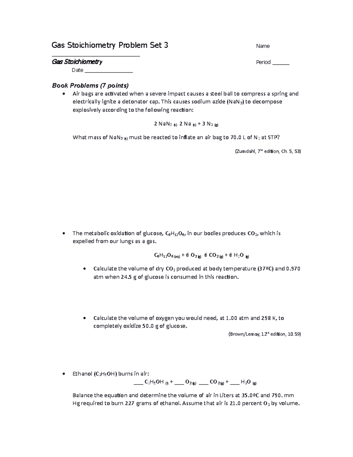 Gas stoich problem set 3 1617 Gas Stoichiometry Problem Set 3 Name