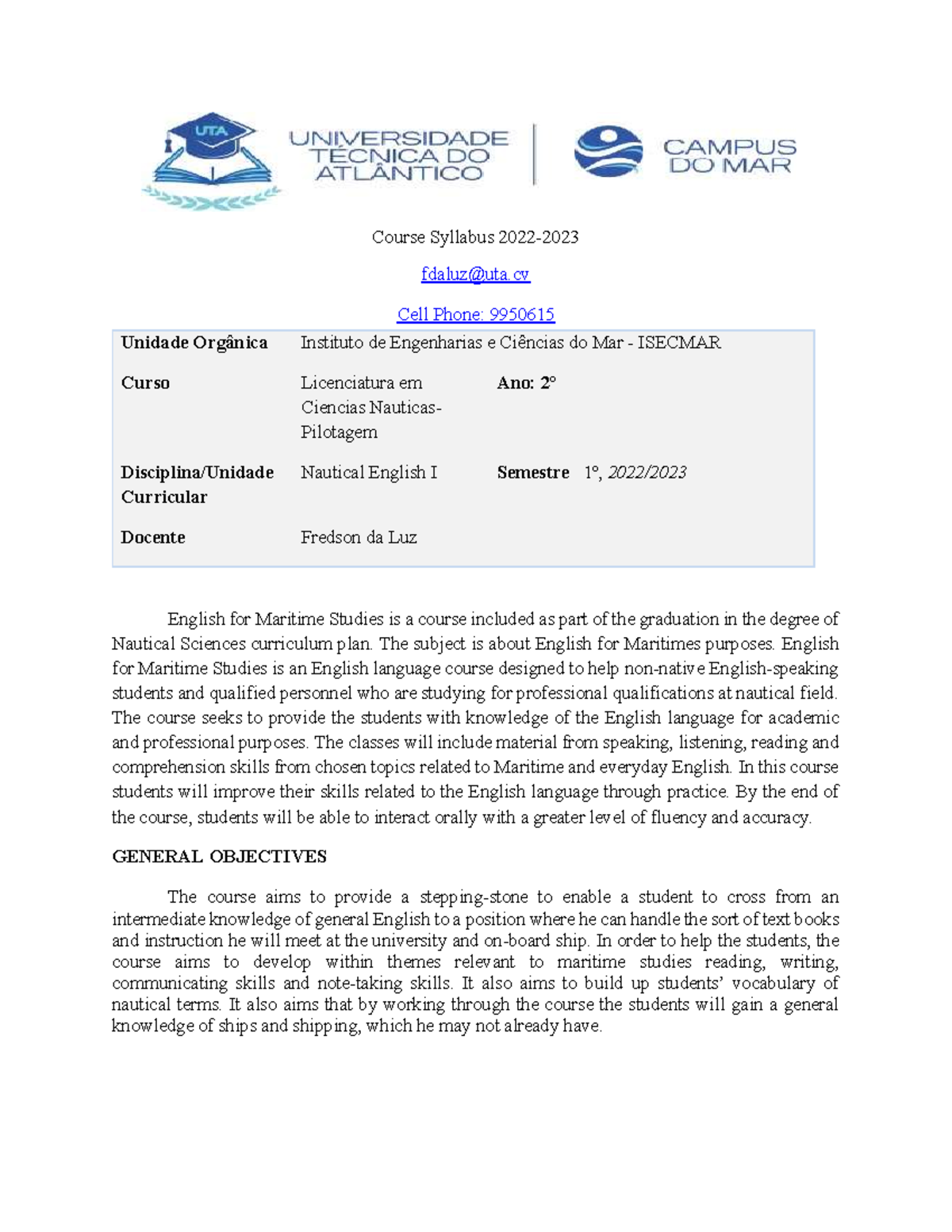 LCN I English Syllabus - Ficha - Course Syllabus 2022- fdaluz@uta Cell ...