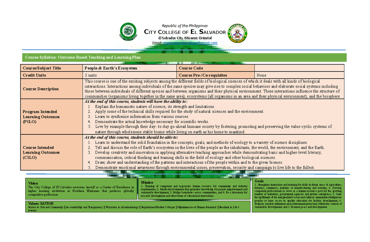 Course Syllabus OBTL Plan People Earths Ecosystem - Republic Of The ...