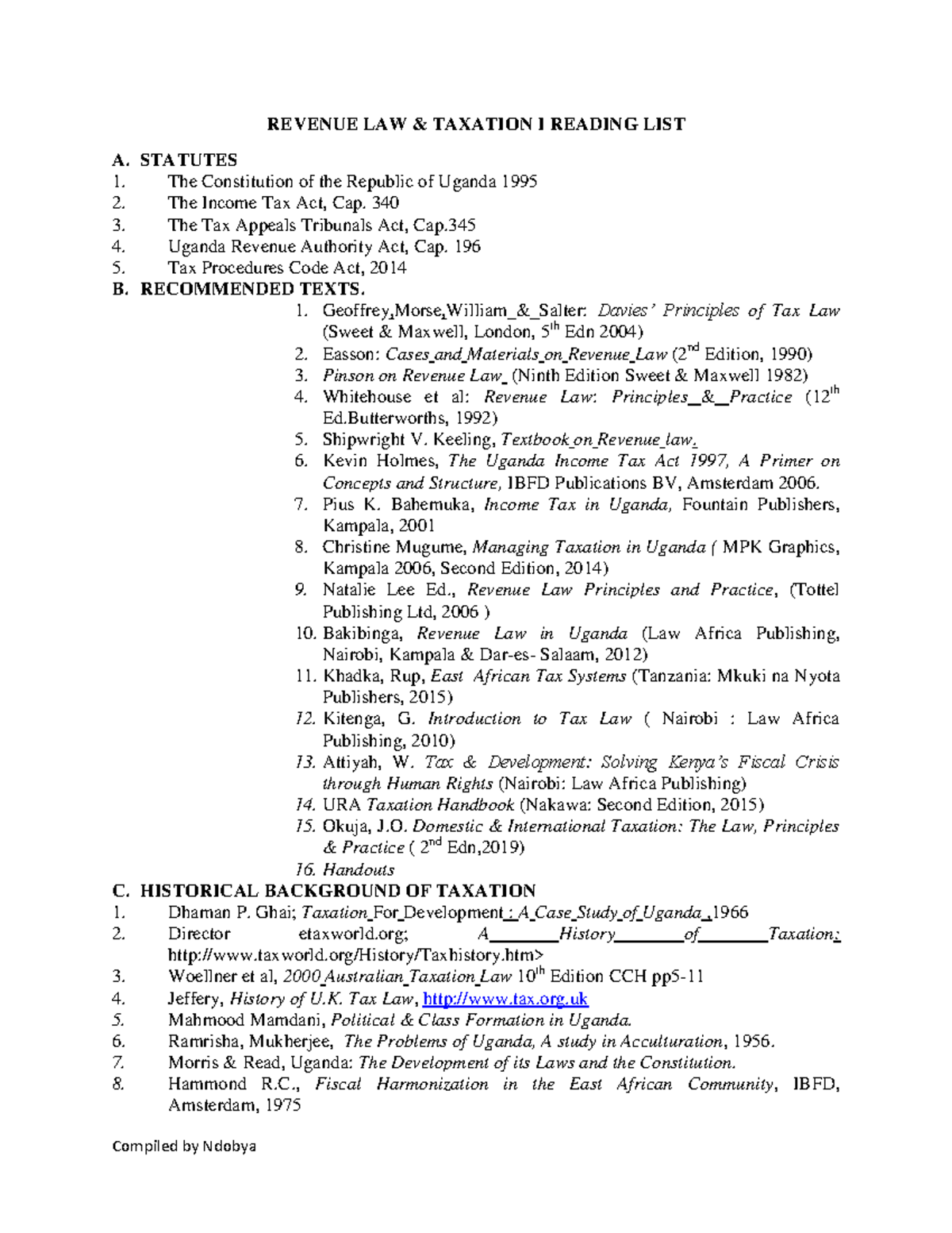 CopyRevenue Law and Taxation I REVENUE LAW & TAXATION I READING LIST