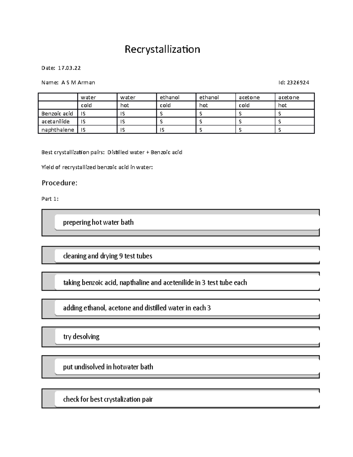 Rerystallization Lab report for recrystallization experiment of 236