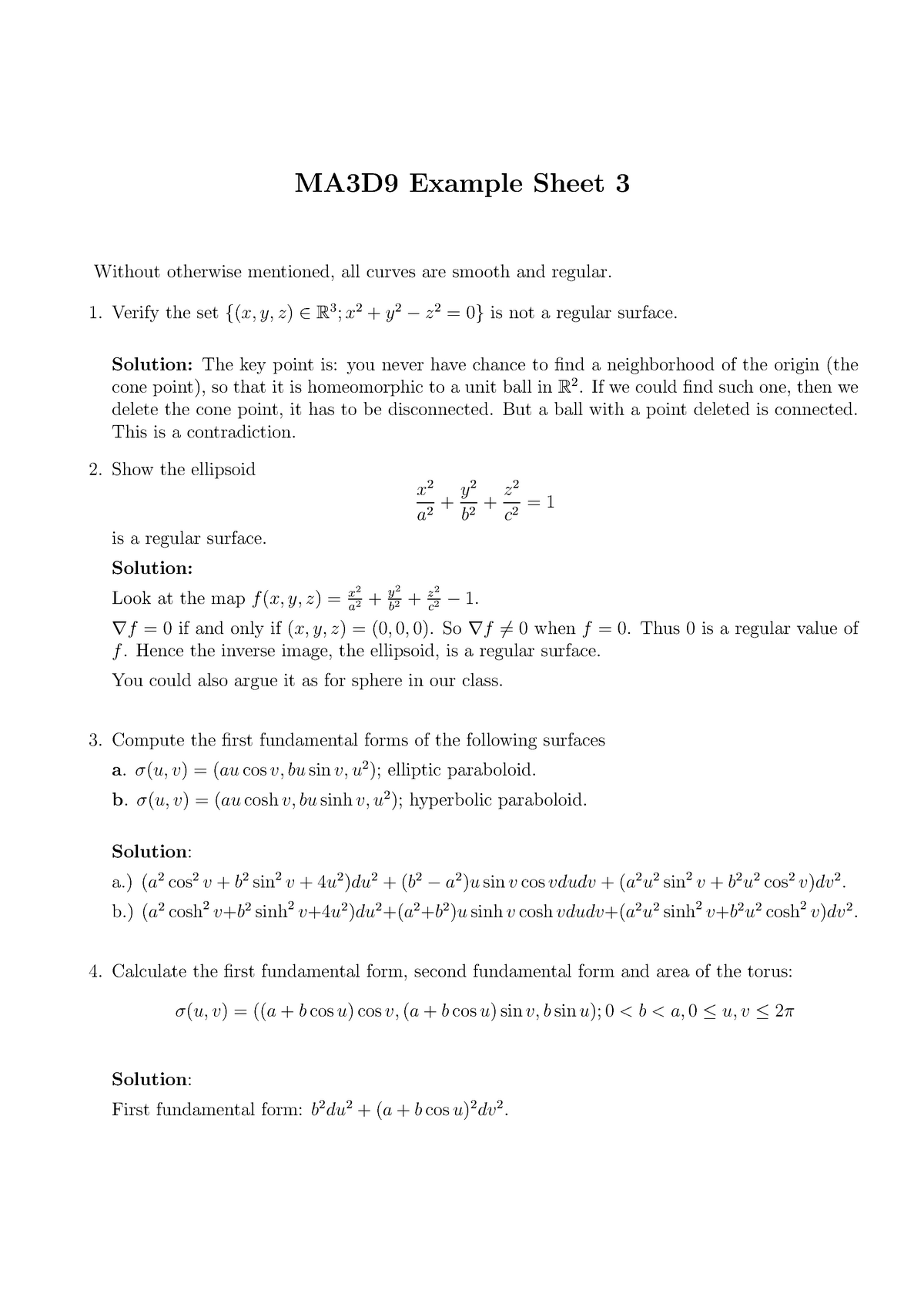 Ma3d9 13 14 Example Sheet 3 Solutions Studocu