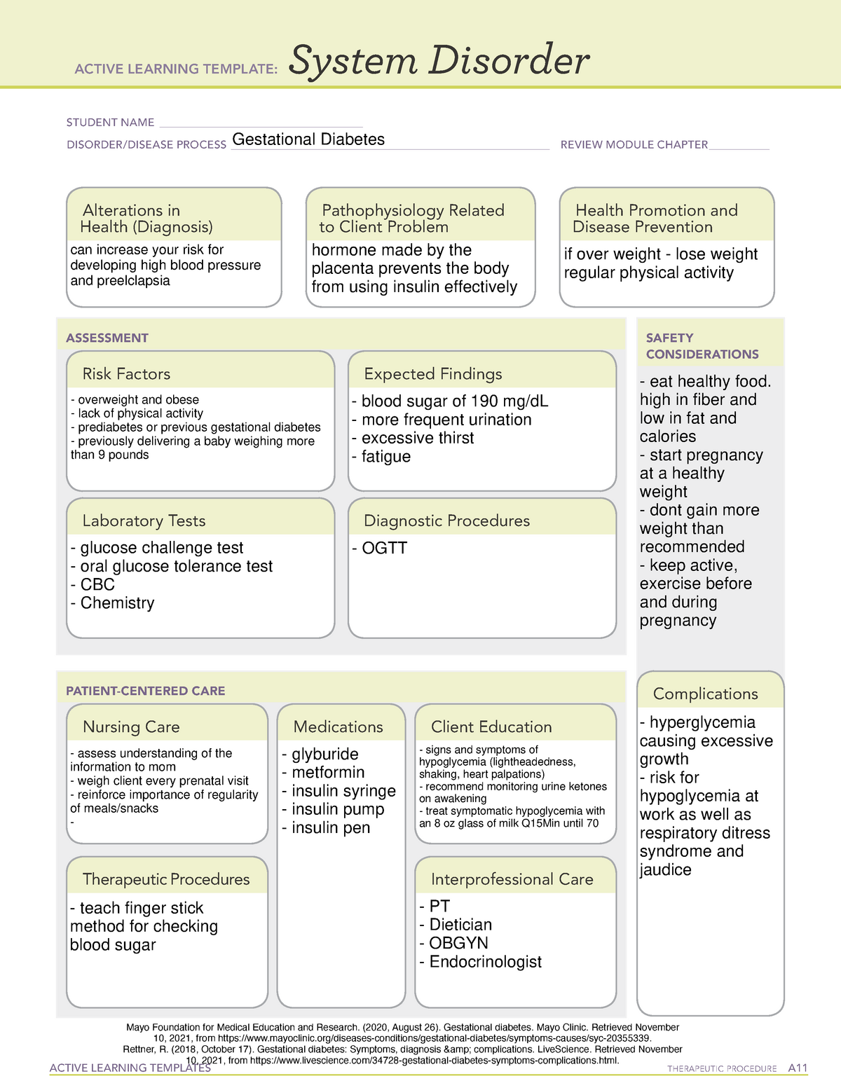 System disorder gestational template ACTIVE LEARNING TEMPLATES