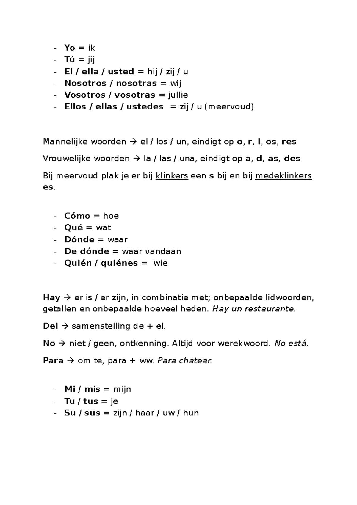 Spaans Grammatica H1,2,3 - Yo Ik Tú Jij El Ella Usted Hij Zij U ...